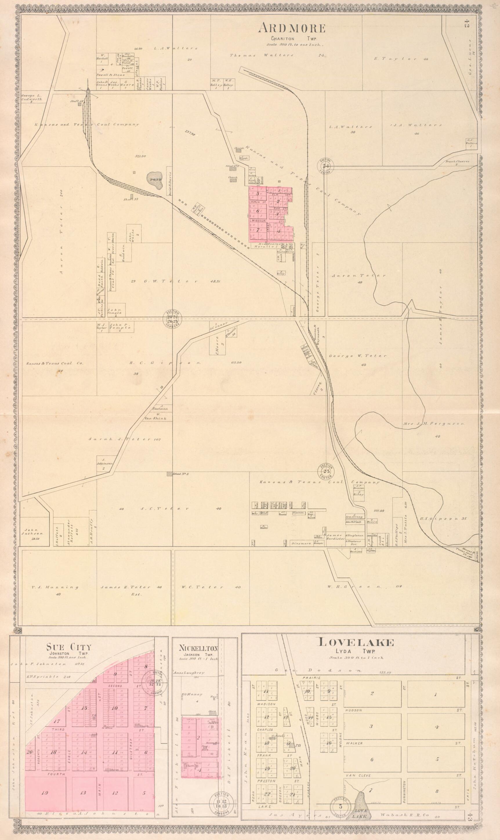 This old map of Ardmore, Sue City, &amp; Lovelake Regions from Standard Atlas of Macon County, Missouri from 1897 was created by  Geo. A. Ogle &amp; Co in 1897