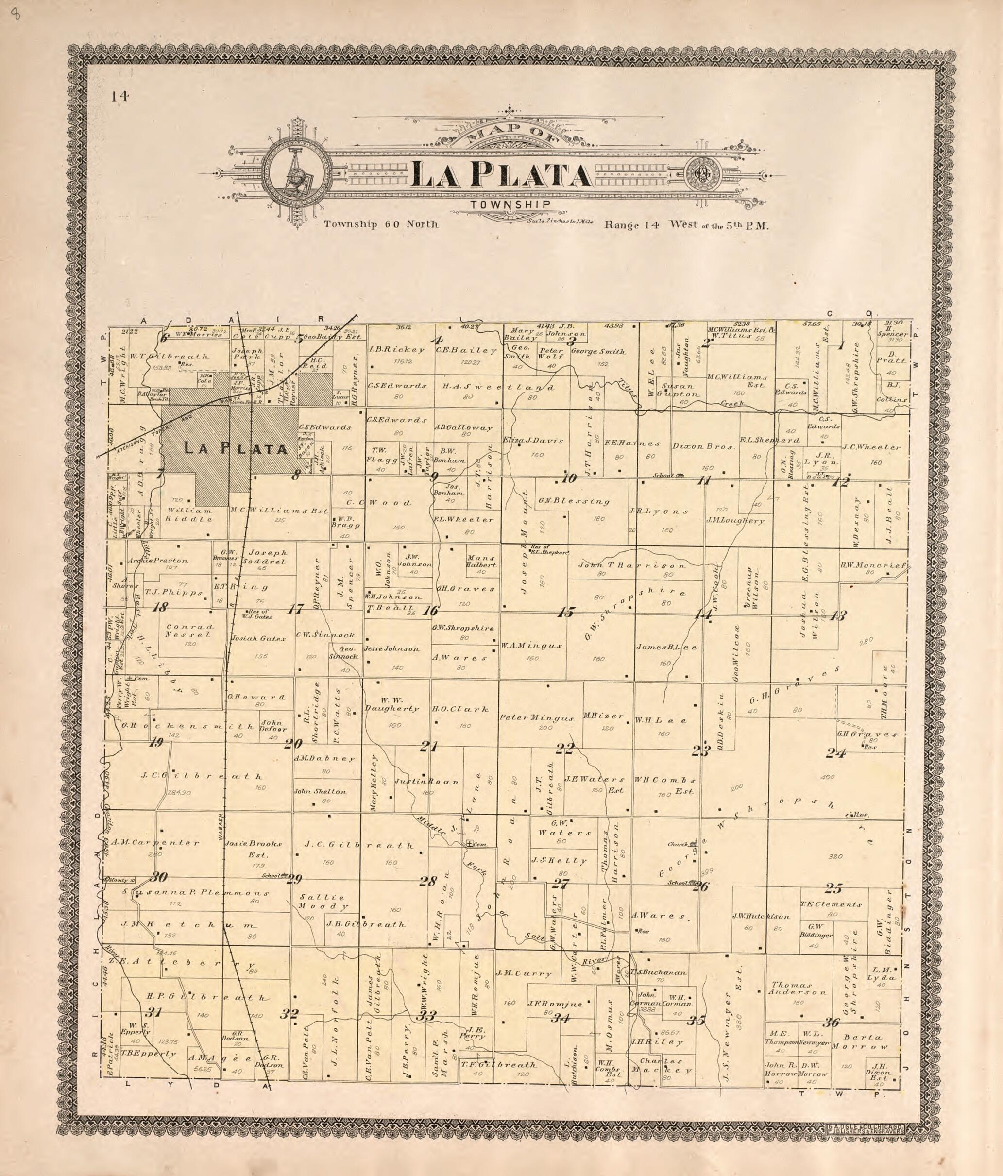 This old map of La Plata Township from Standard Atlas of Macon County, Missouri from 1897 was created by  Geo. A. Ogle &amp; Co in 1897