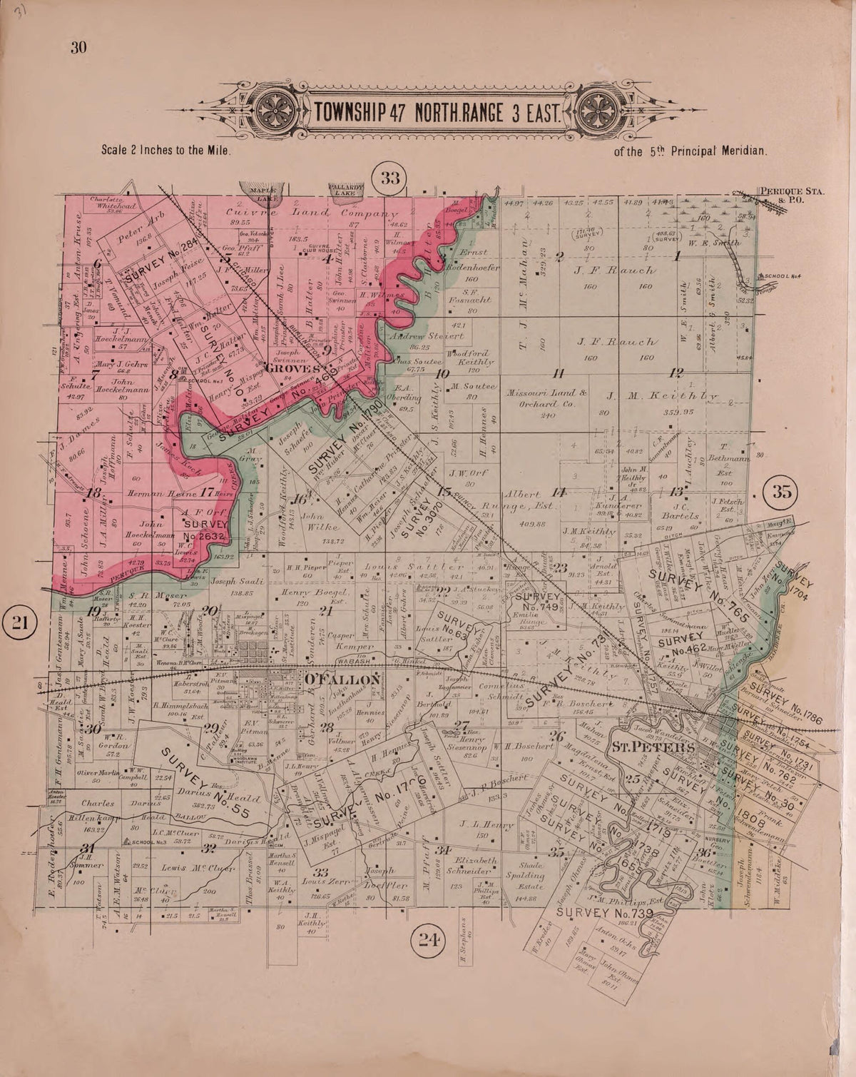 Township 47 North Range 3 East from Plat Book of St. Charles Co., Missouri 1905 by Relic Map Company