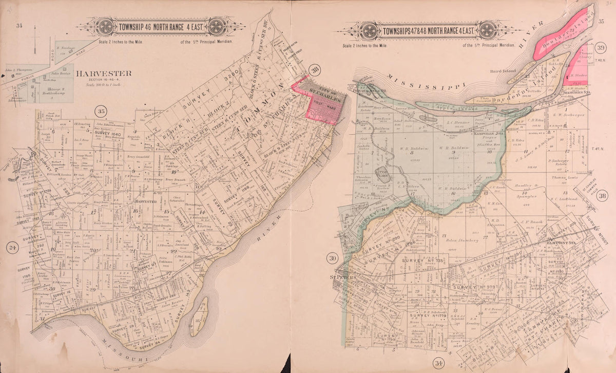 Township 46 North Range 4 East / Twps 47 &amp; 48 North Range 4 East from Plat Book of St. Charles Co., Missouri 1905 by Relic Map Company