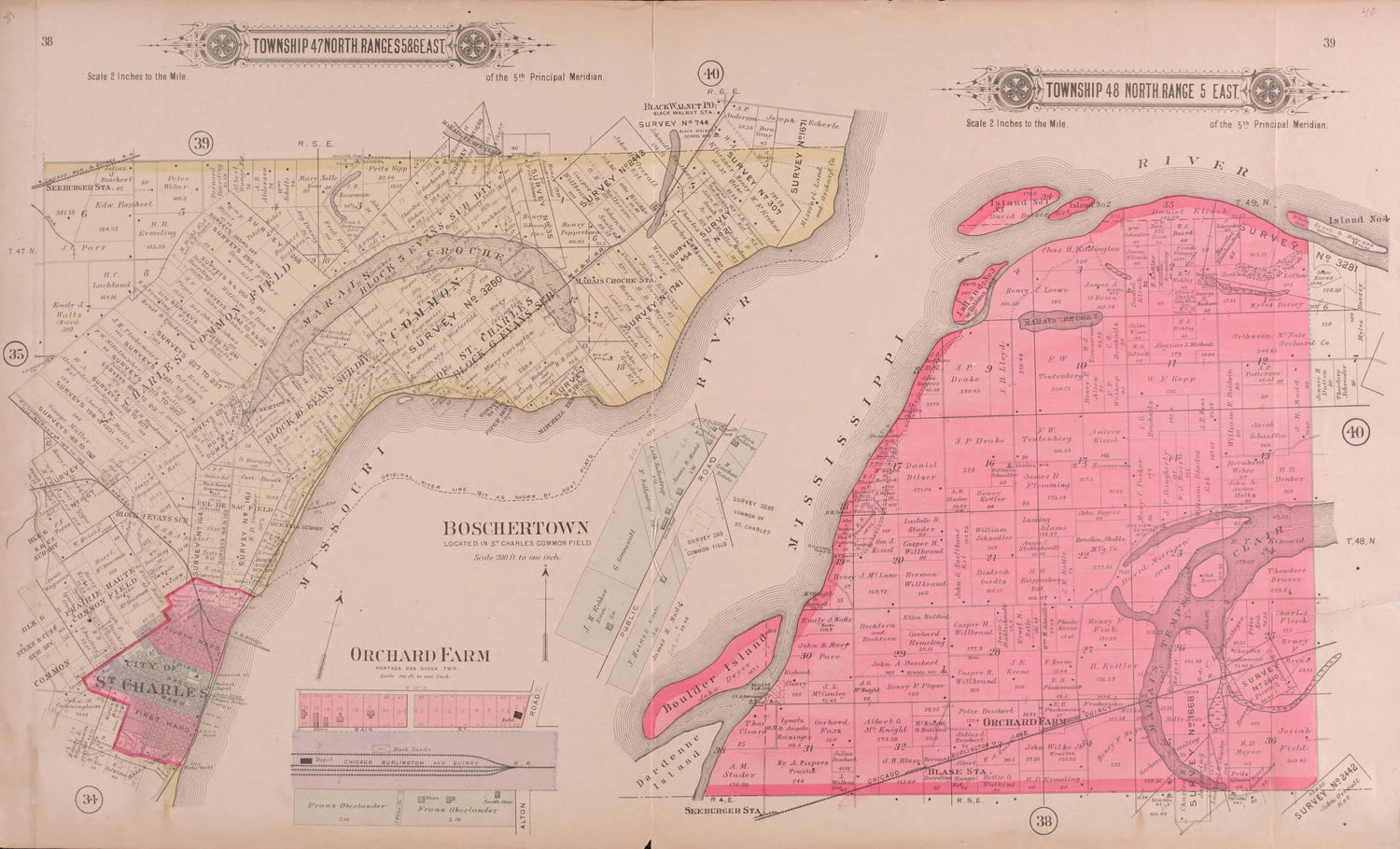 This old map of Township 47 North Ranges 5 &amp; 6 East / Twp 48 North Range 5 East from Plat Book of St. Charles Co., Missouri from 1905 was created by  North West Publishing Co in 1905