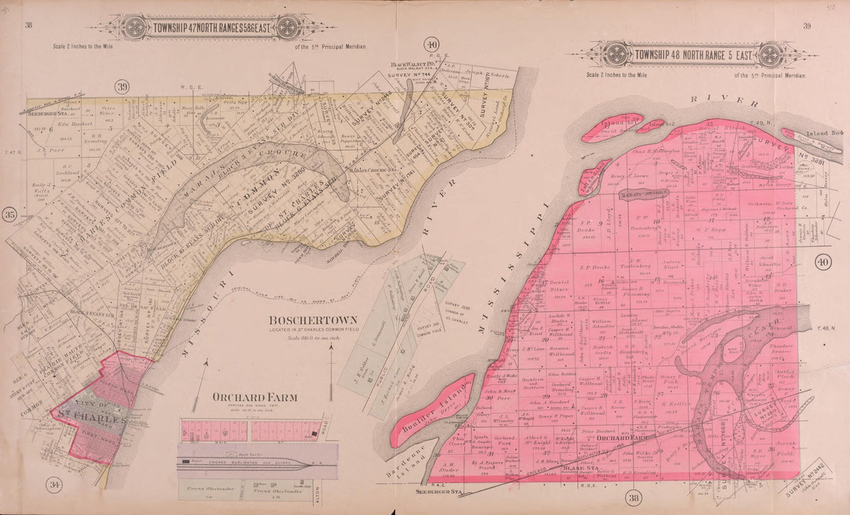 Township 47 North Ranges 5 &amp; 6 East / Twp 48 North Range 5 East from Plat Book of St. Charles Co., Missouri 1905 by Relic Map Company