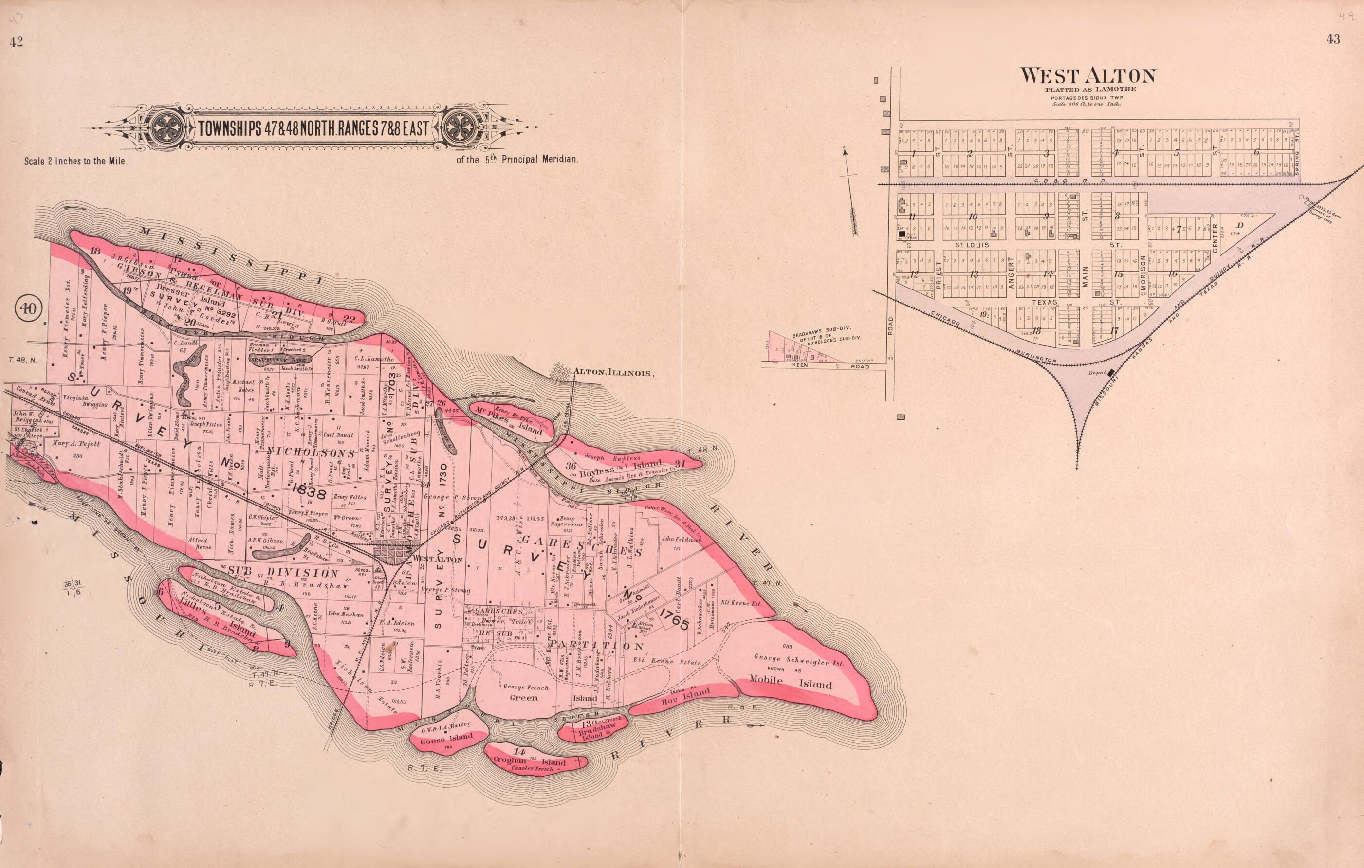 This old map of Townships 47 &amp; 48 North Ranges 7 &amp; 8 East / West Alton from Plat Book of St. Charles Co., Missouri from 1905 was created by  North West Publishing Co in 1905