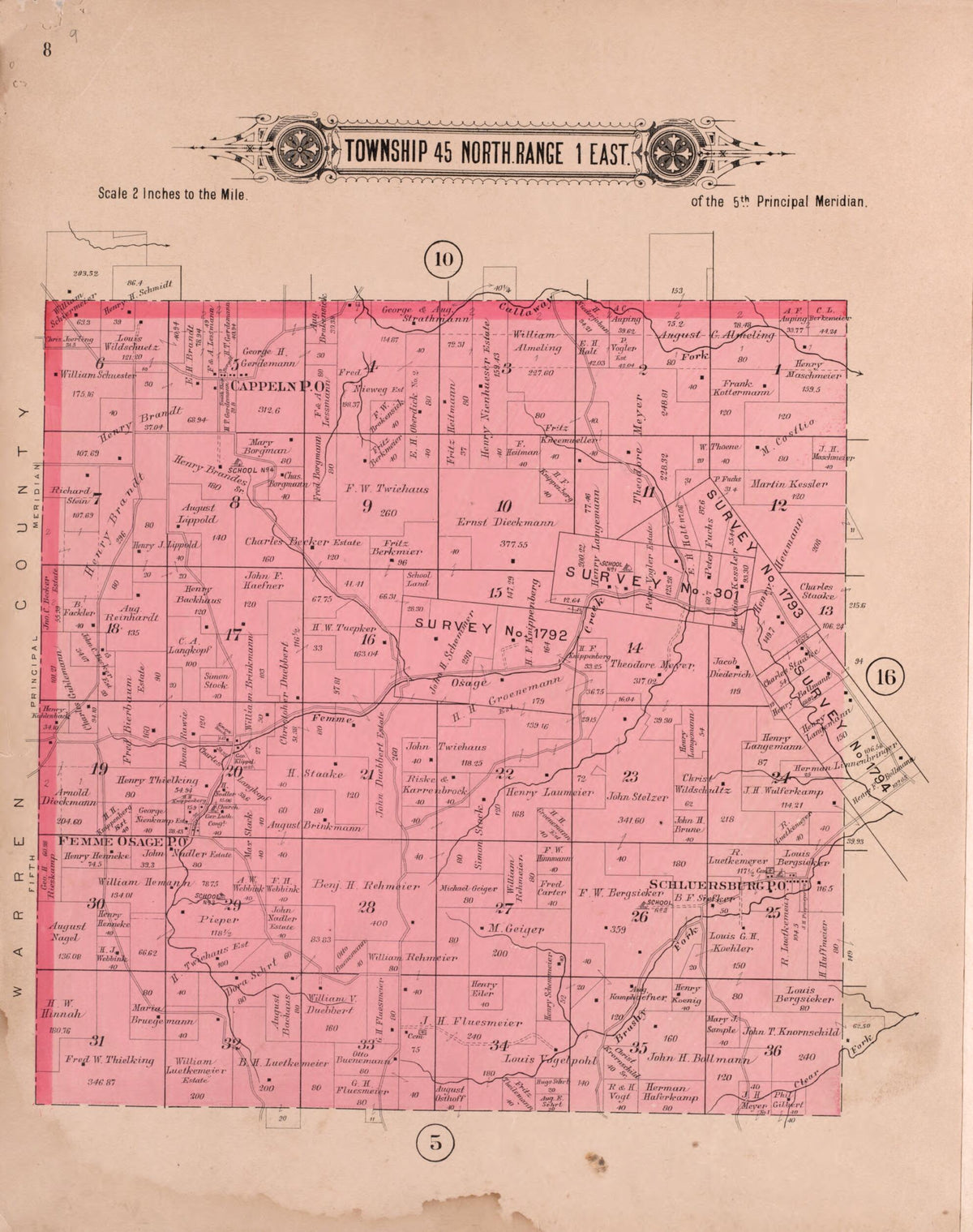 Township 45 North Range 1 East from Plat Book of St. Charles Co., Missouri 1905 by Relic Map Company