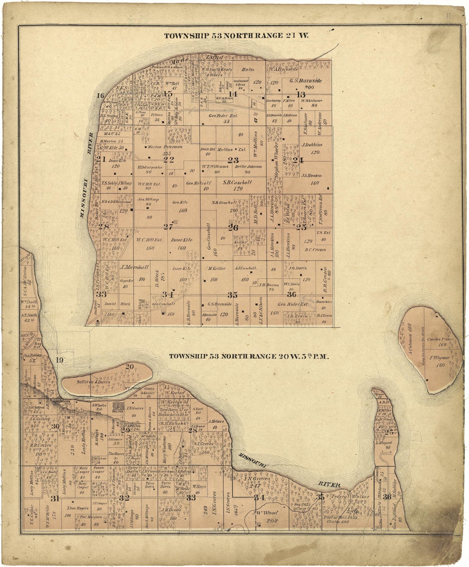 This old map of Township 53 North Range 21 W.; Township 53 North Range 20 W.5th P.M from Illustrated Atlas Map of Saline County, Missouri from 1876 was created by  Missouri Publishing Co in 1876