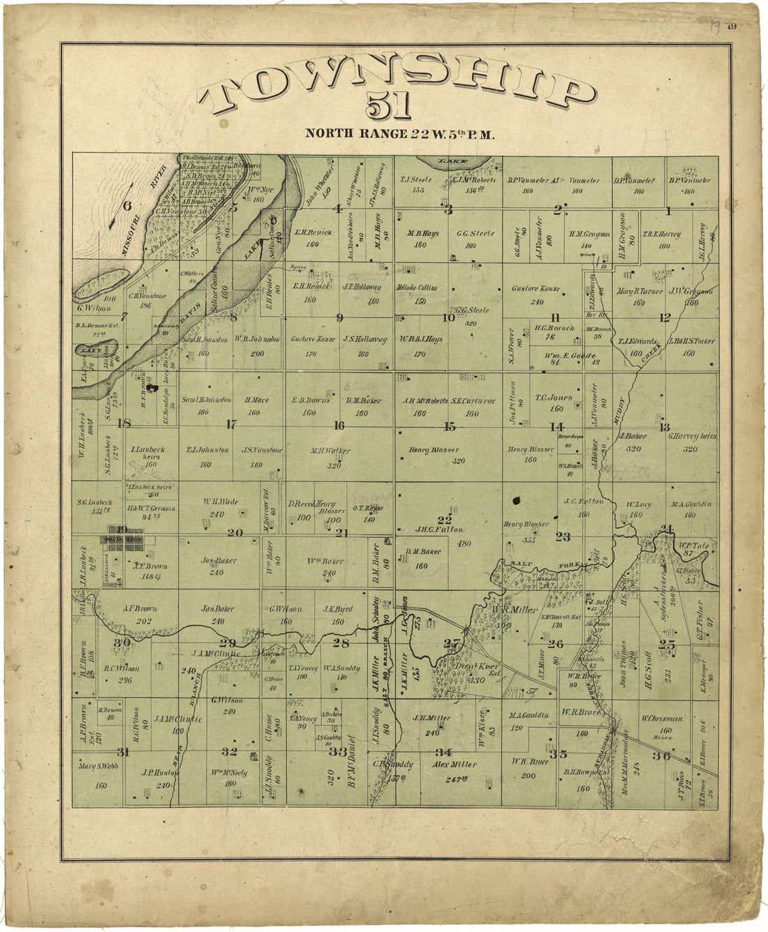 This old map of Township 51 North, Range 22W. 5th P.M. from Illustrated Atlas Map of Saline County, Missouri from 1876 was created by  Missouri Publishing Co in 1876