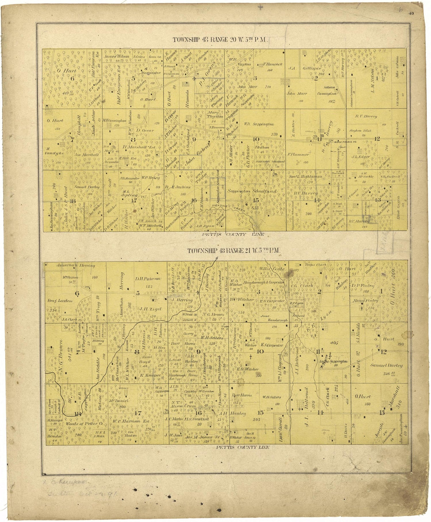 This old map of Township 48 Range 20 W.5th P.M.; Township 48 Range 21 W.5th P.M from Illustrated Atlas Map of Saline County, Missouri from 1876 was created by  Missouri Publishing Co in 1876