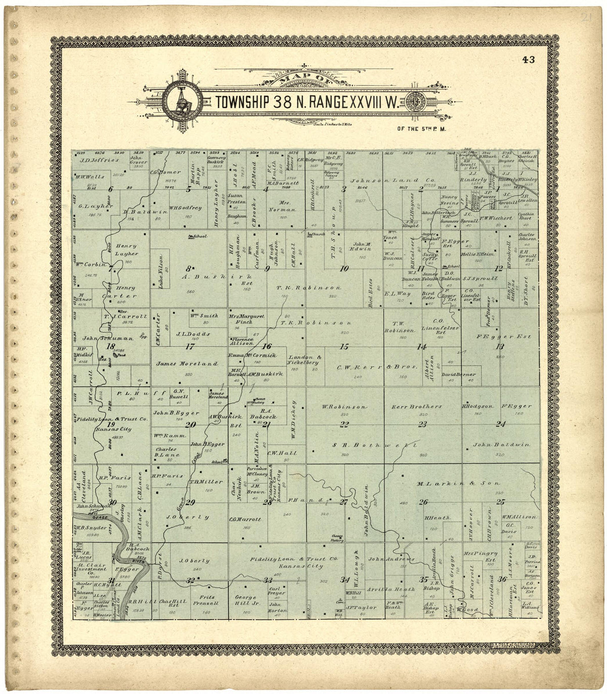 Map of Township 38 N. Range XXVIII W. from Standard Atlas of Saint Clair County, Missouri 1903 by Relic Map Company