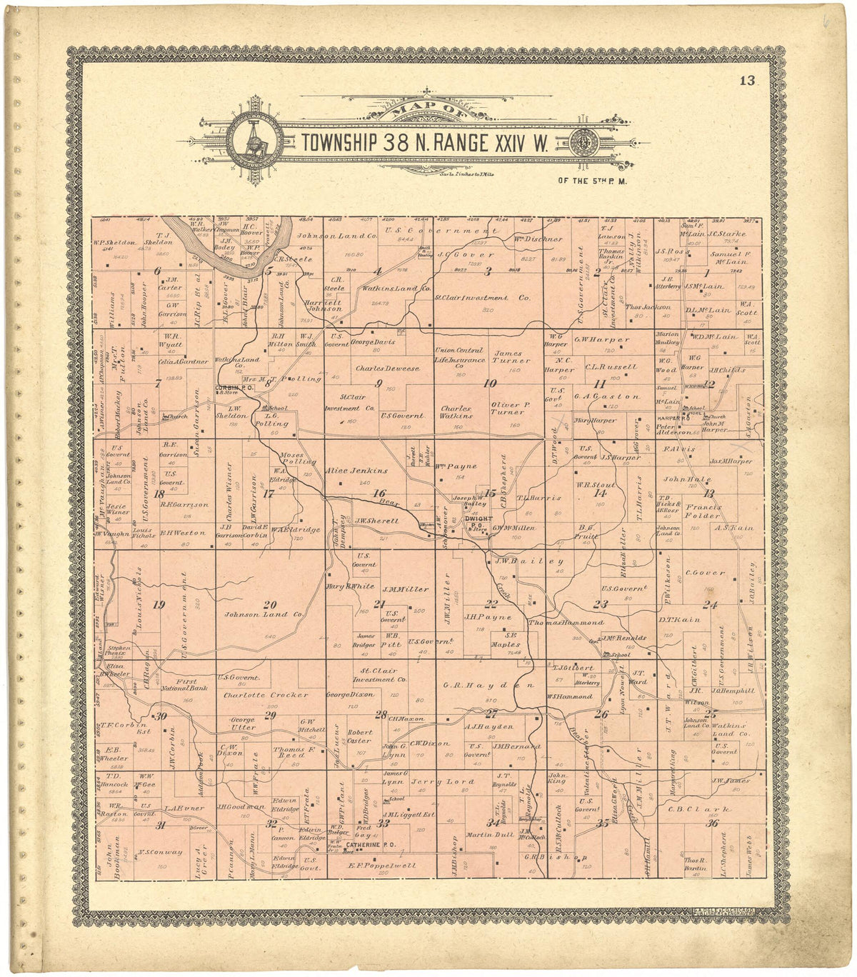 Map of Township 38 N. Range XXIV W. from Standard Atlas of Saint Clair County, Missouri 1903 by Relic Map Company