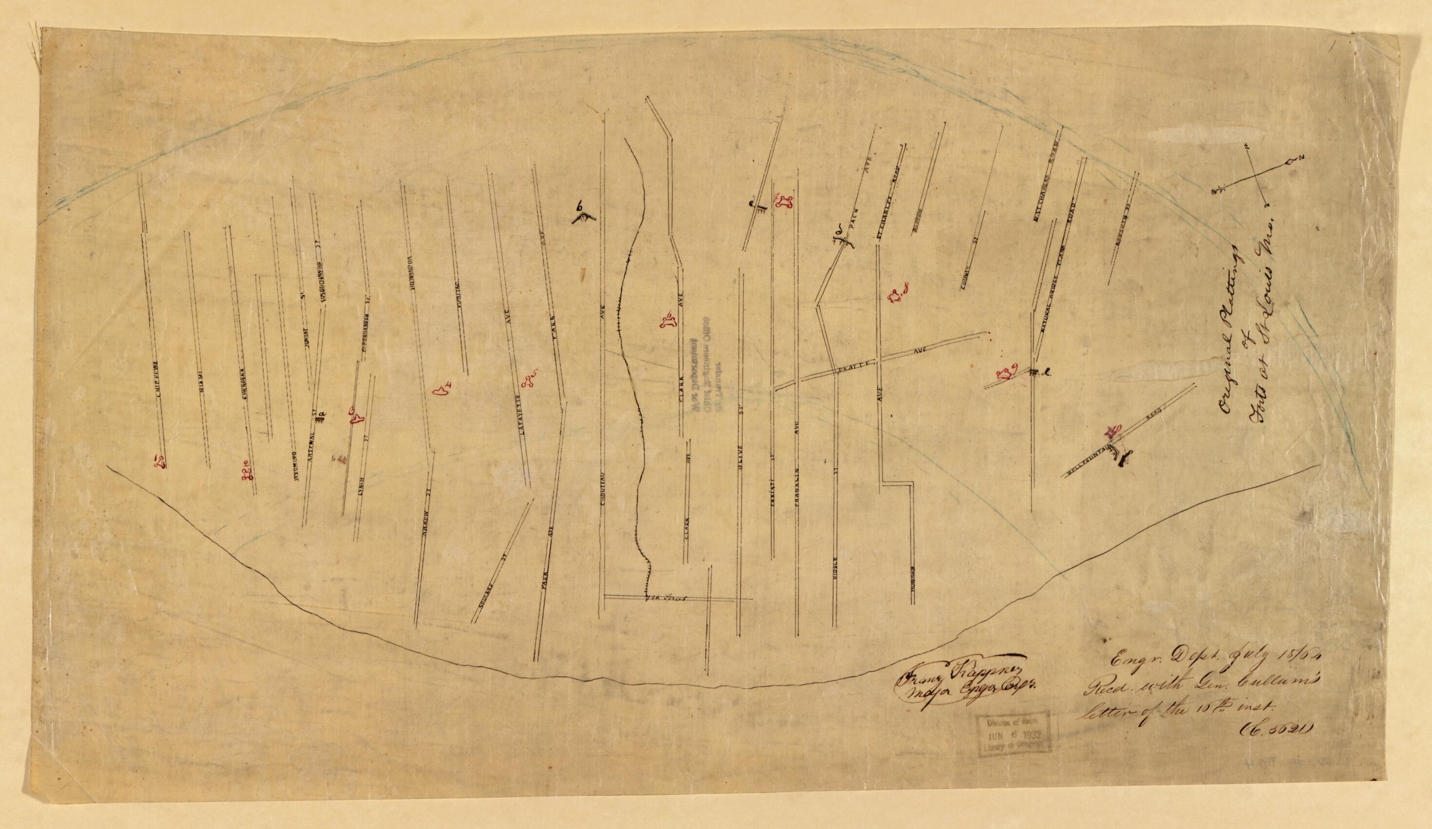 This old map of Original Plattings of Forts at St. Louis, MO from Original Plattings of Forts at St. Louis, Mo. 186-. from 1860 was created by  United States. Army. Corps of Engineers in 1860