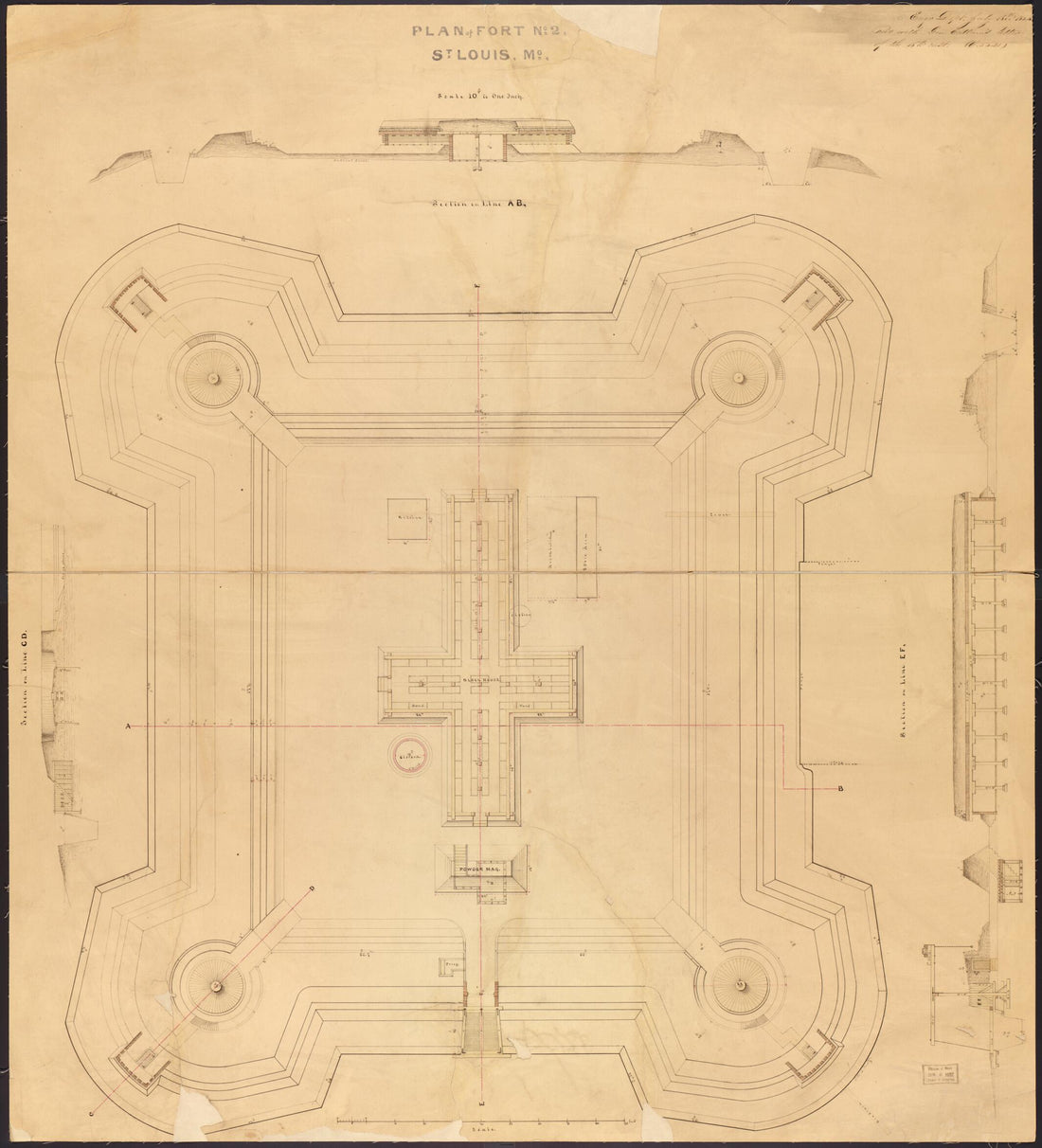 This old map of Plan of Fort No. 2, St. Louis, MO from Original Plattings of Forts at St. Louis, Mo. 186-. from 1860 was created by  United States. Army. Corps of Engineers in 1860