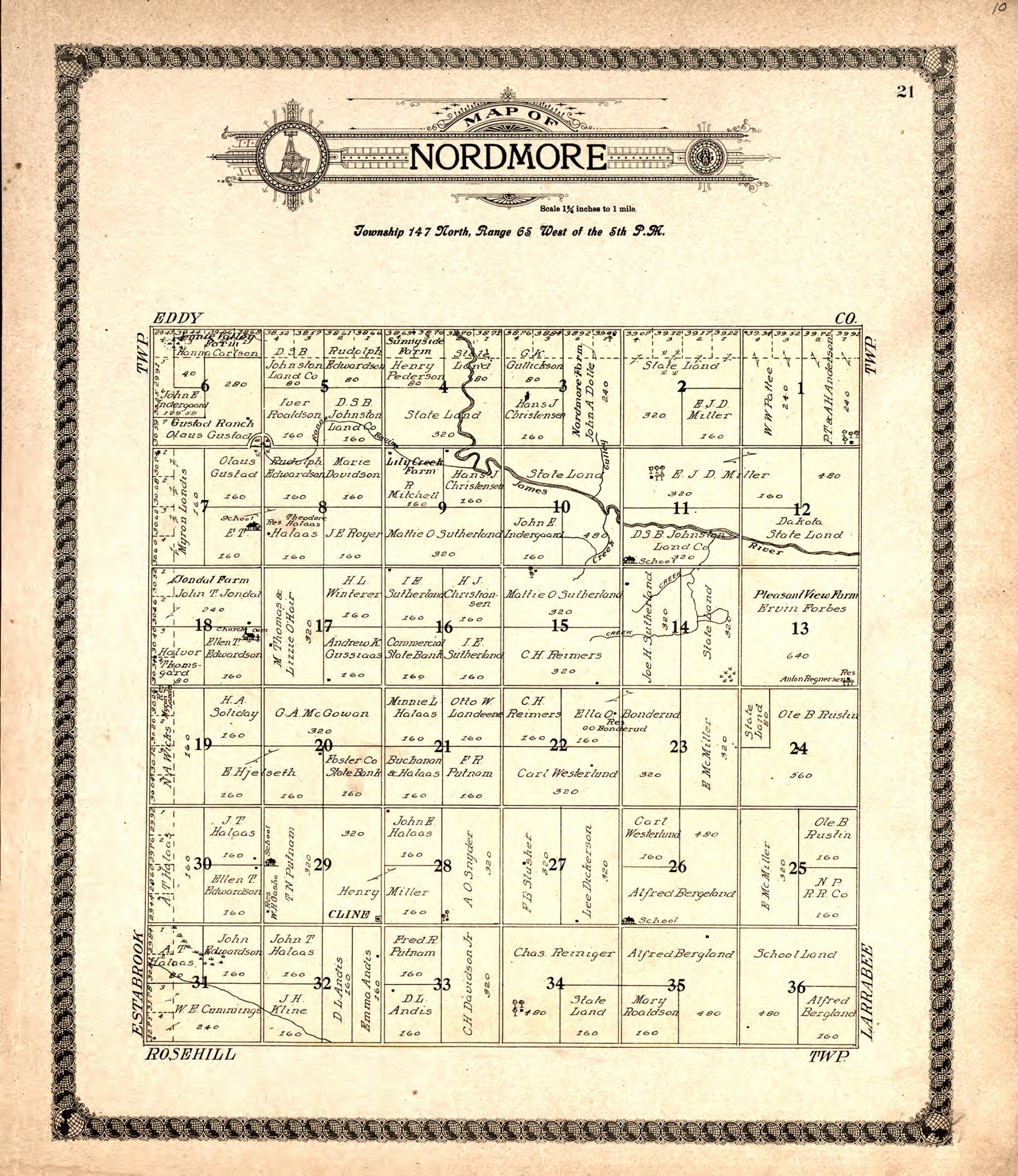 This old map of Nordmore from Standard Atlas of Foster County, North Dakota from 1910 was created by  Alden Publishing Co in 1910