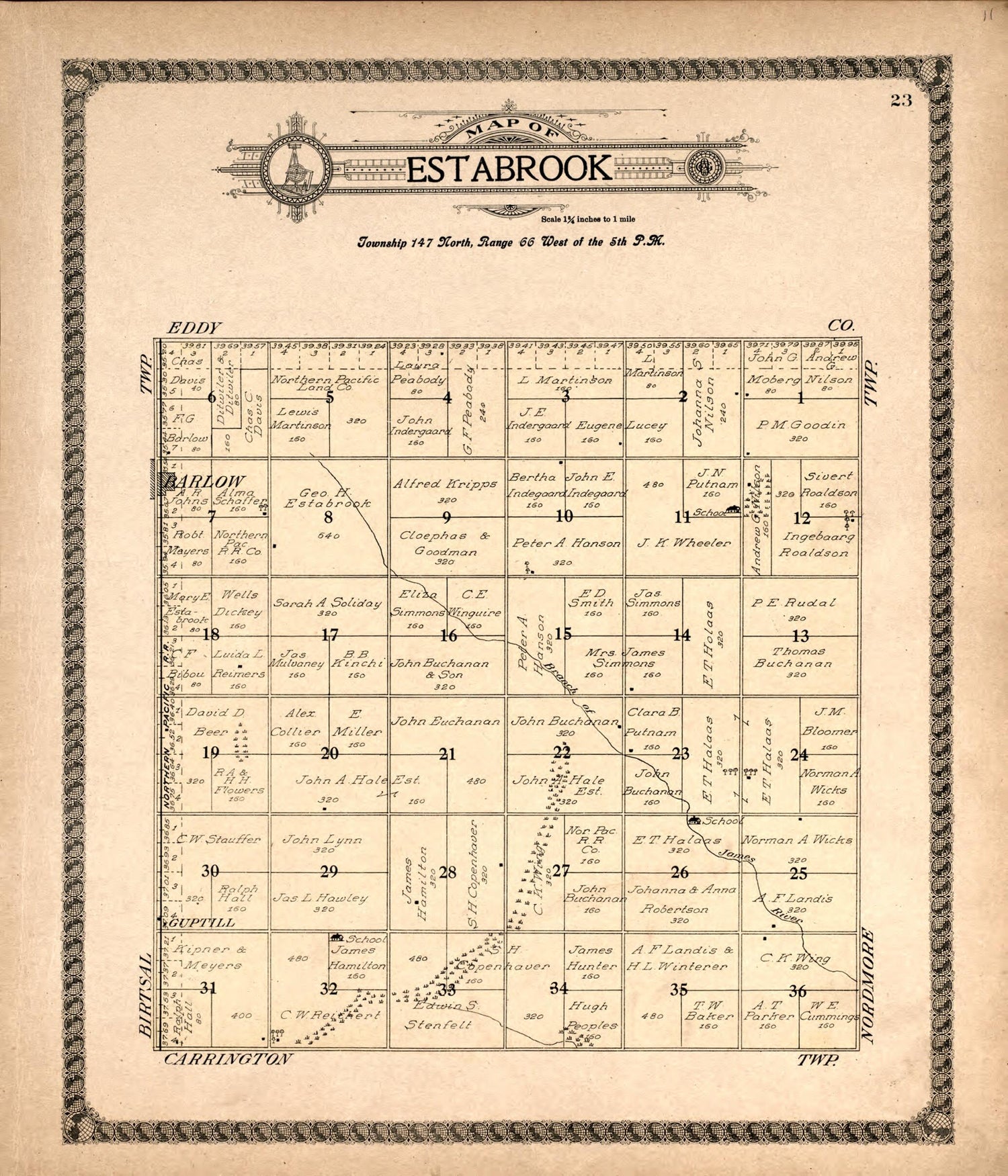 This old map of Estabrook from Standard Atlas of Foster County, North Dakota from 1910 was created by  Alden Publishing Co in 1910