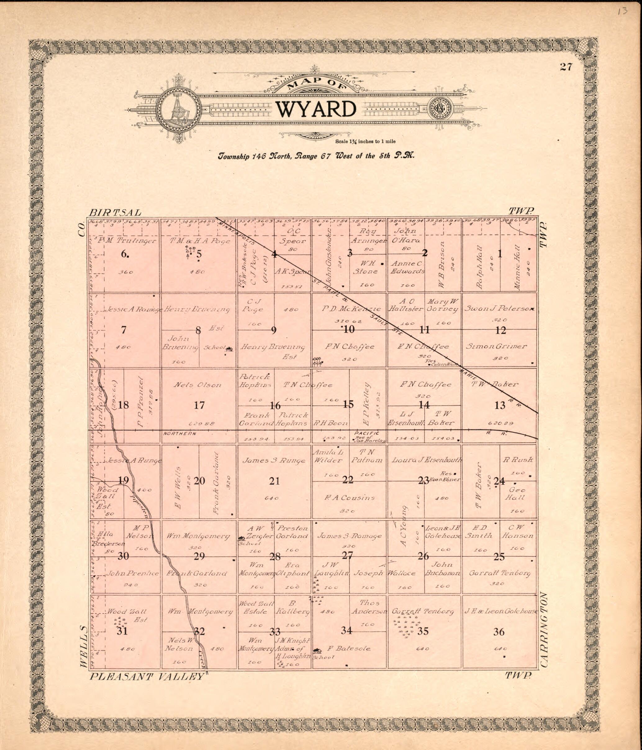 This old map of Wyard from Standard Atlas of Foster County, North Dakota from 1910 was created by  Alden Publishing Co in 1910