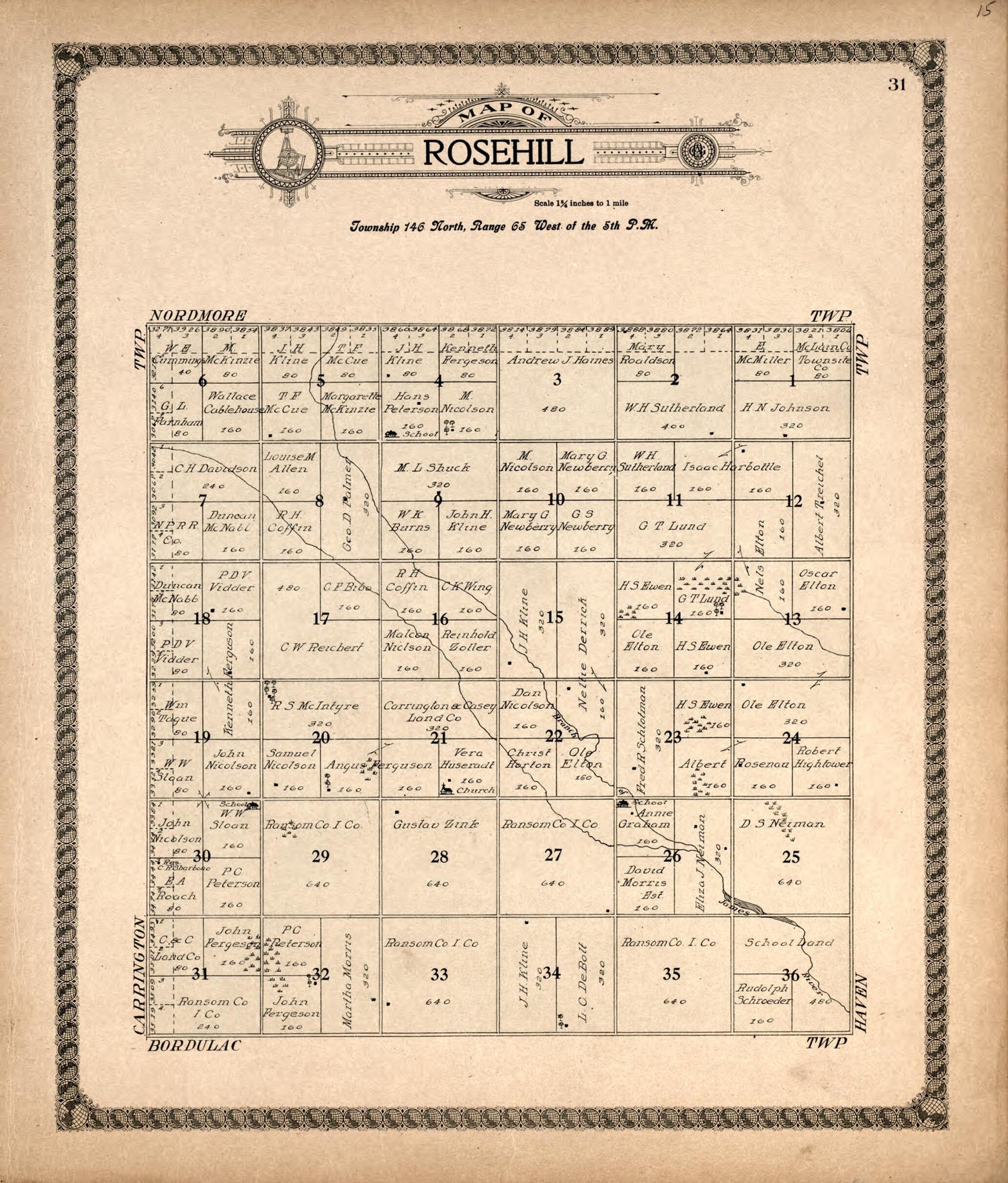 This old map of Rosehill from Standard Atlas of Foster County, North Dakota from 1910 was created by  Alden Publishing Co in 1910