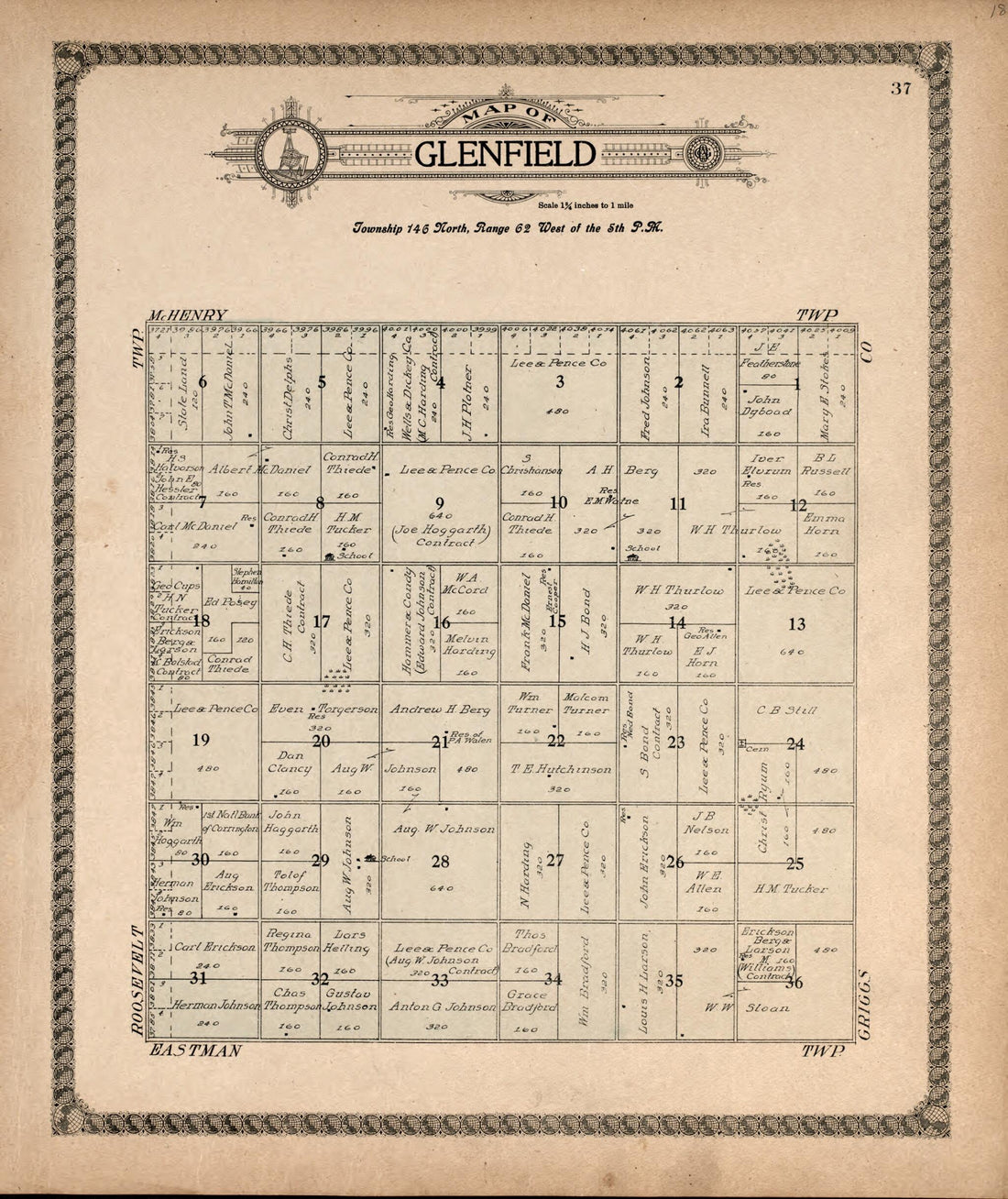 This old map of Glenfield from Standard Atlas of Foster County, North Dakota from 1910 was created by  Alden Publishing Co in 1910