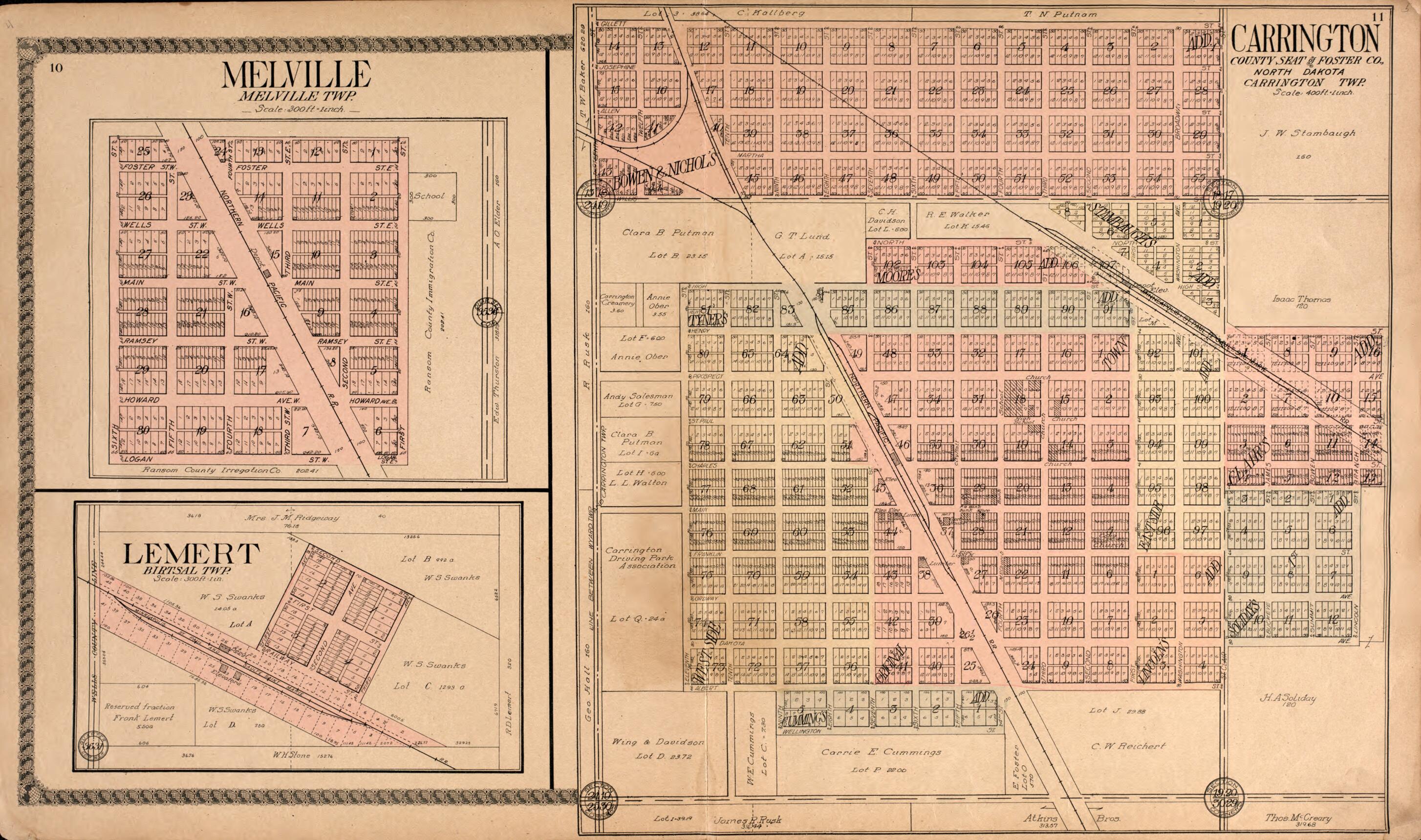 This old map of Melville Township/ Lemert Birtsal Township from Standard Atlas of Foster County, North Dakota from 1910 was created by  Alden Publishing Co in 1910