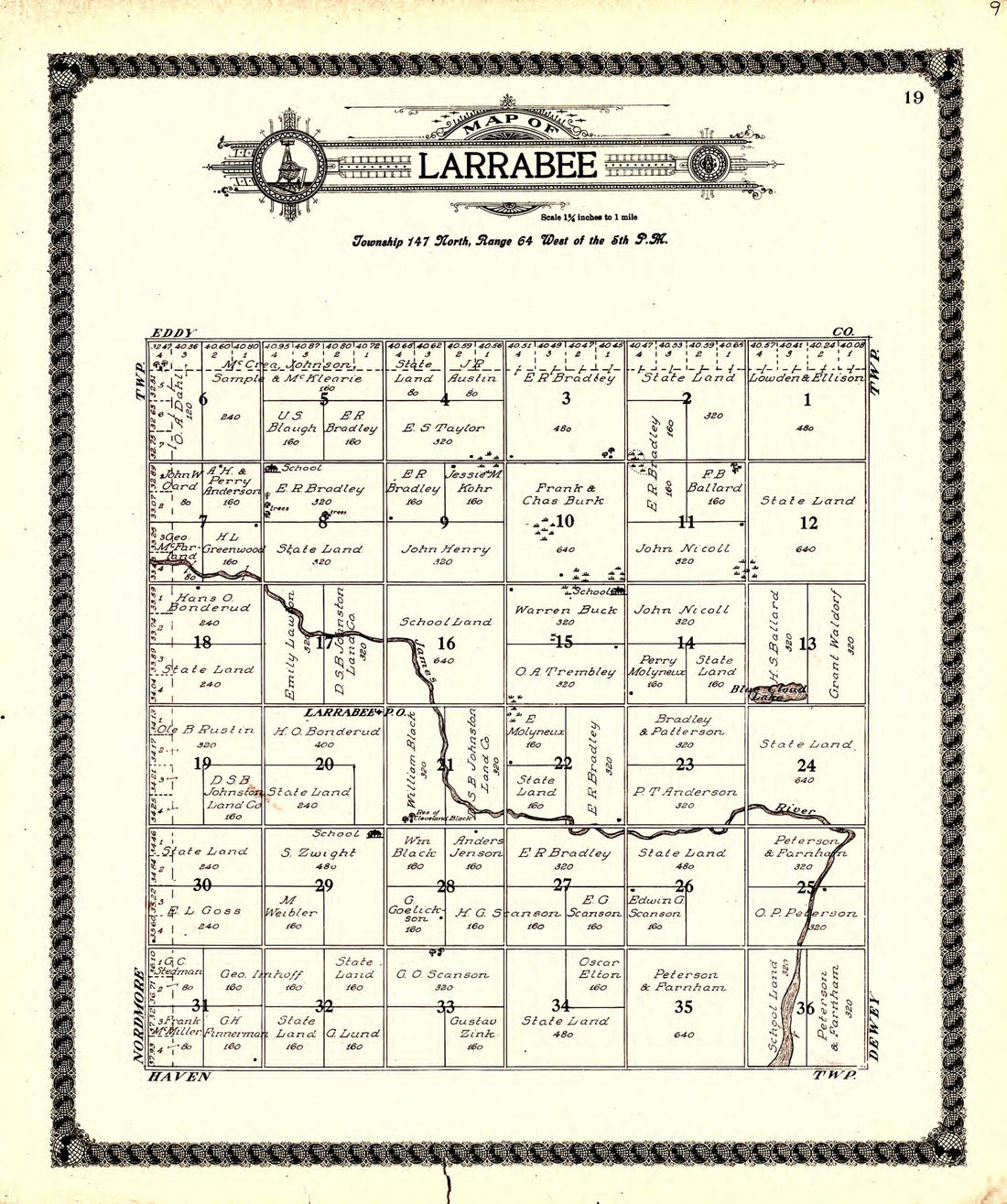 This old map of Larrabee from Standard Atlas of Foster County, North Dakota from 1910 was created by  Alden Publishing Co in 1910