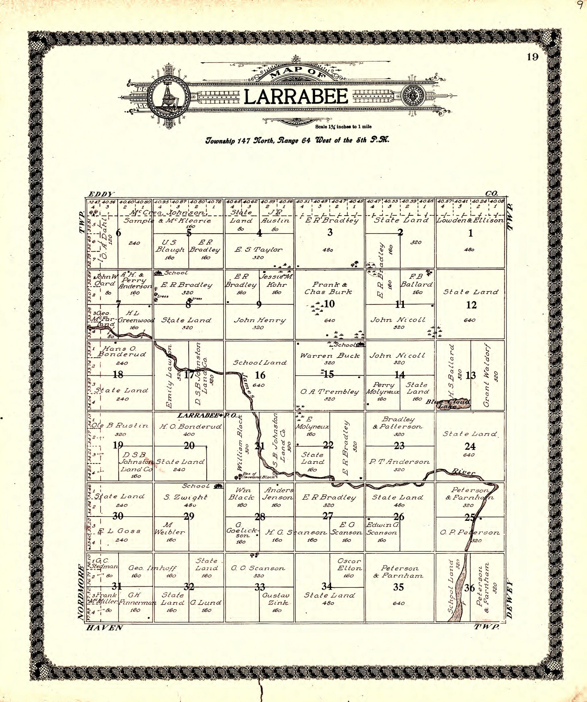 This old map of Larrabee from Standard Atlas of Foster County, North Dakota from 1910 was created by  Alden Publishing Co in 1910