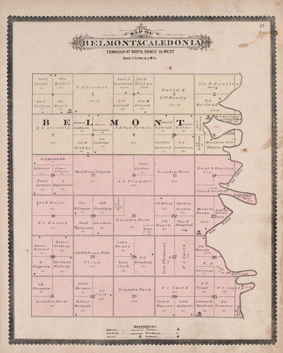 This old map of Belmont and Caledonia from Illustrated Historical Atlas of Traill and Steele Counties, North Dakota from 1892 was created by  Wm. Wangersheim &amp; Co in 1892