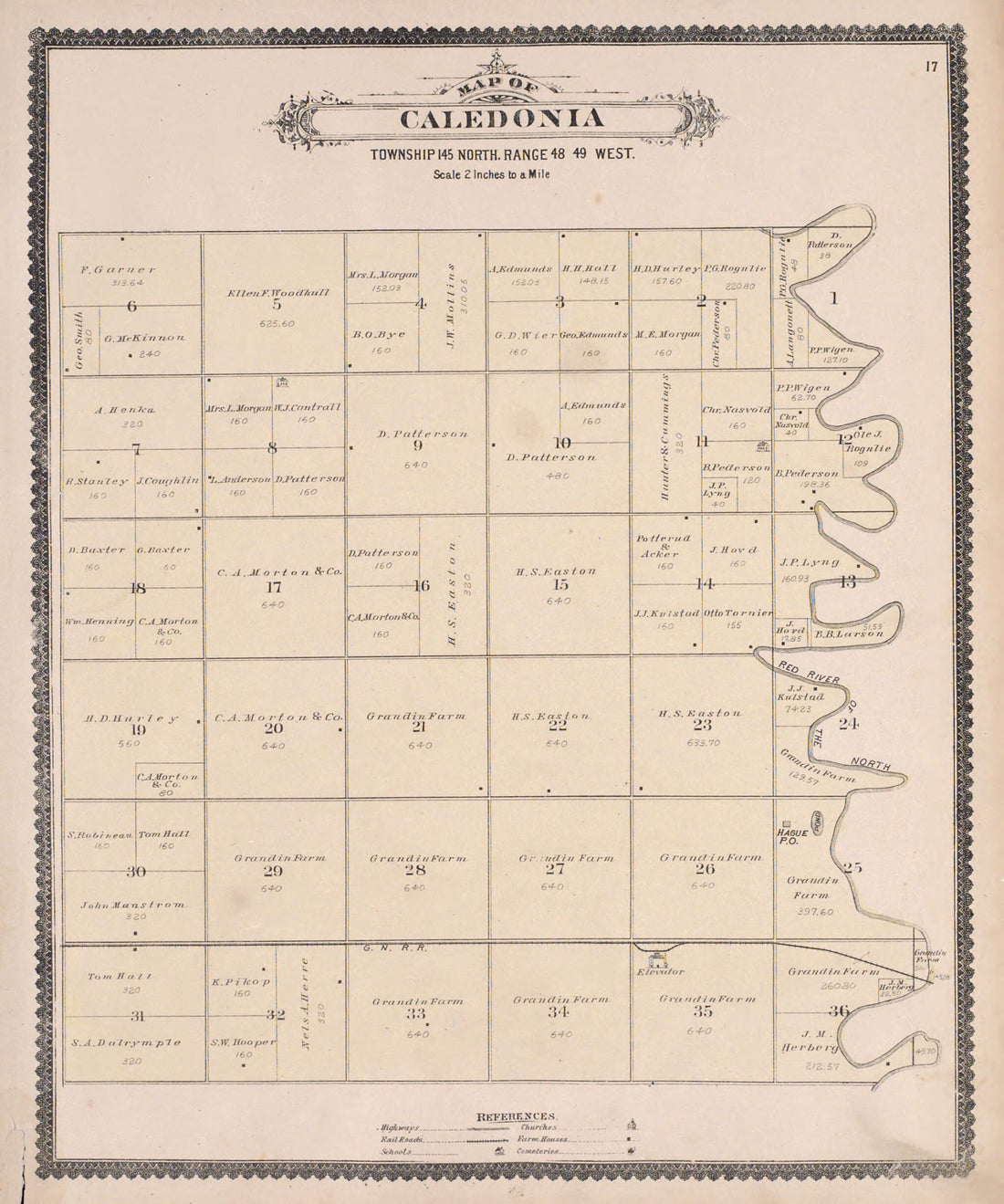 This old map of Caledonia from Illustrated Historical Atlas of Traill and Steele Counties, North Dakota from 1892 was created by  Wm. Wangersheim &amp; Co in 1892