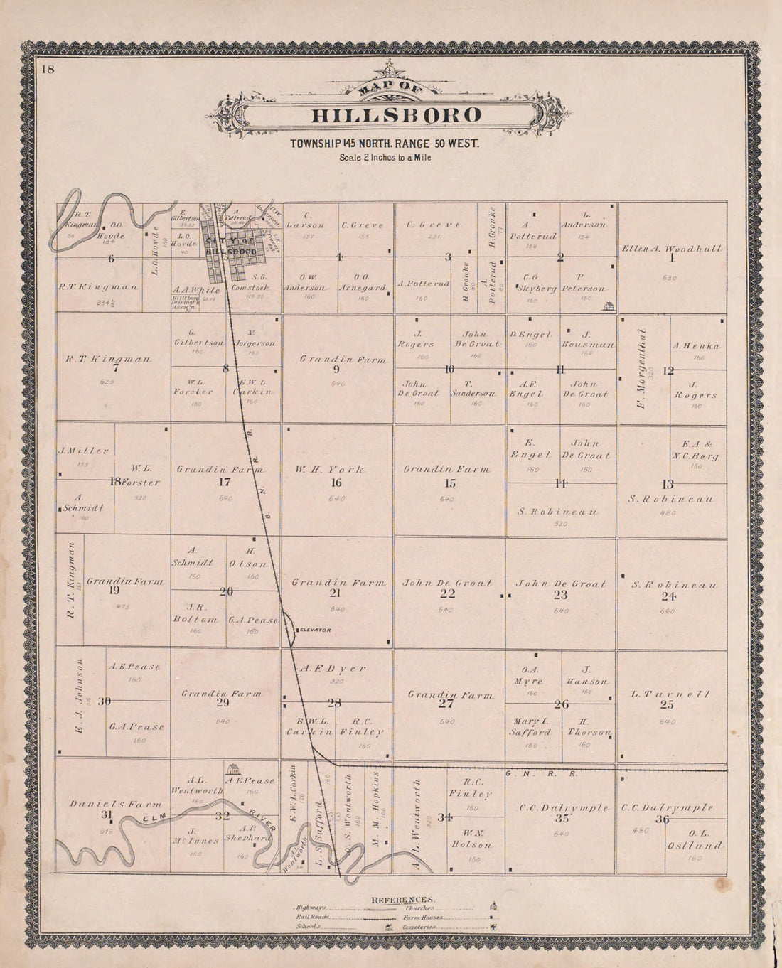 This old map of Hillsboro from Illustrated Historical Atlas of Traill and Steele Counties, North Dakota from 1892 was created by  Wm. Wangersheim &amp; Co in 1892