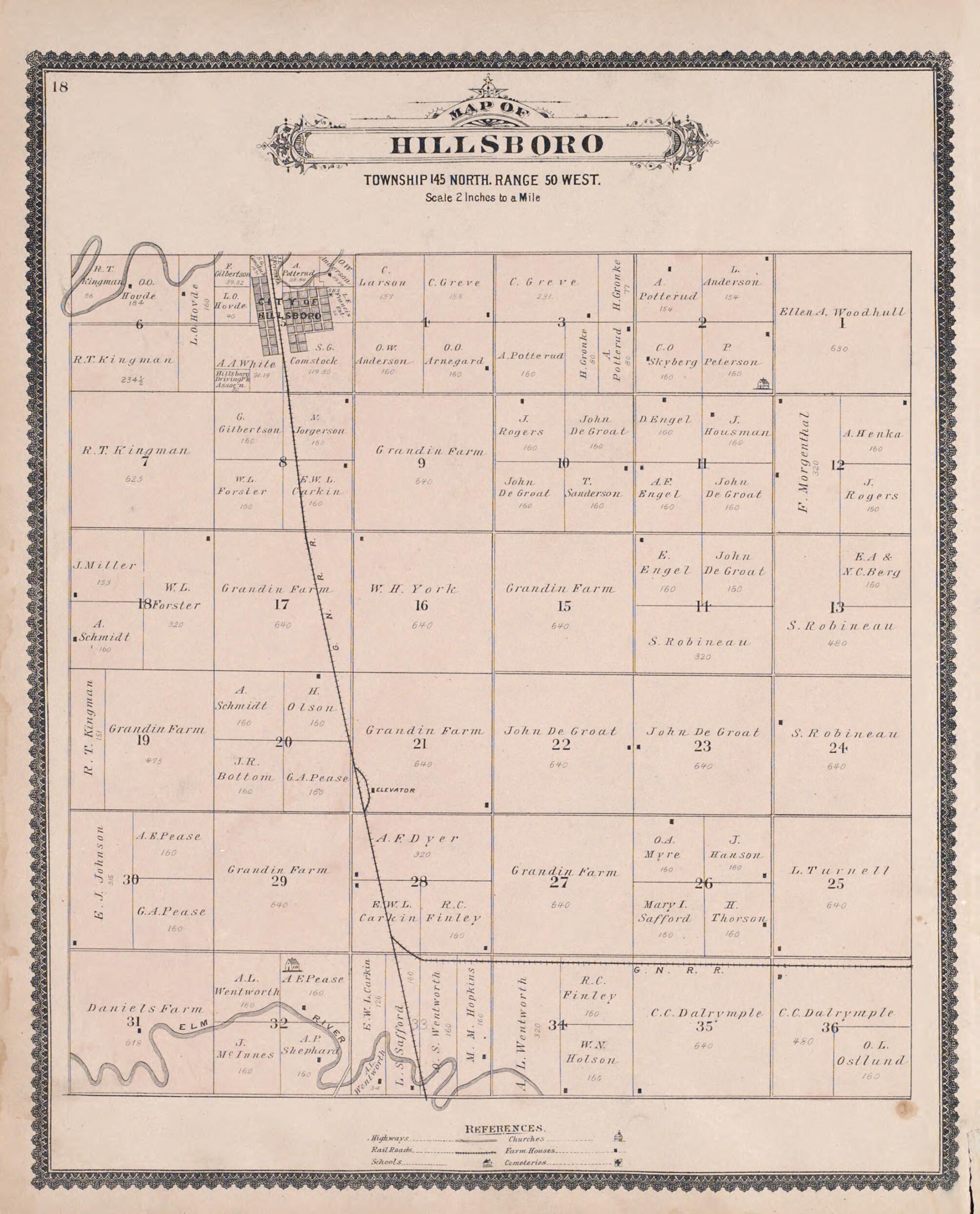 This old map of Hillsboro from Illustrated Historical Atlas of Traill and Steele Counties, North Dakota from 1892 was created by  Wm. Wangersheim &amp; Co in 1892