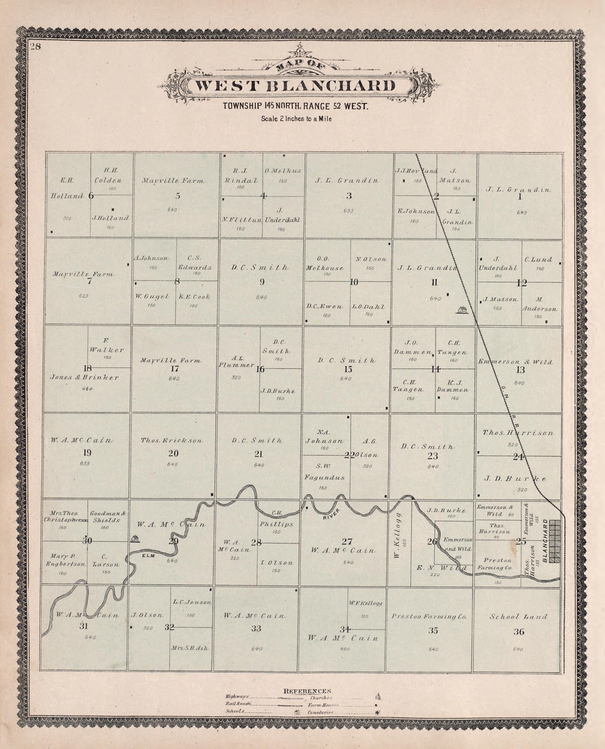 This old map of West Blanchard from Illustrated Historical Atlas of Traill and Steele Counties, North Dakota from 1892 was created by  Wm. Wangersheim &amp; Co in 1892