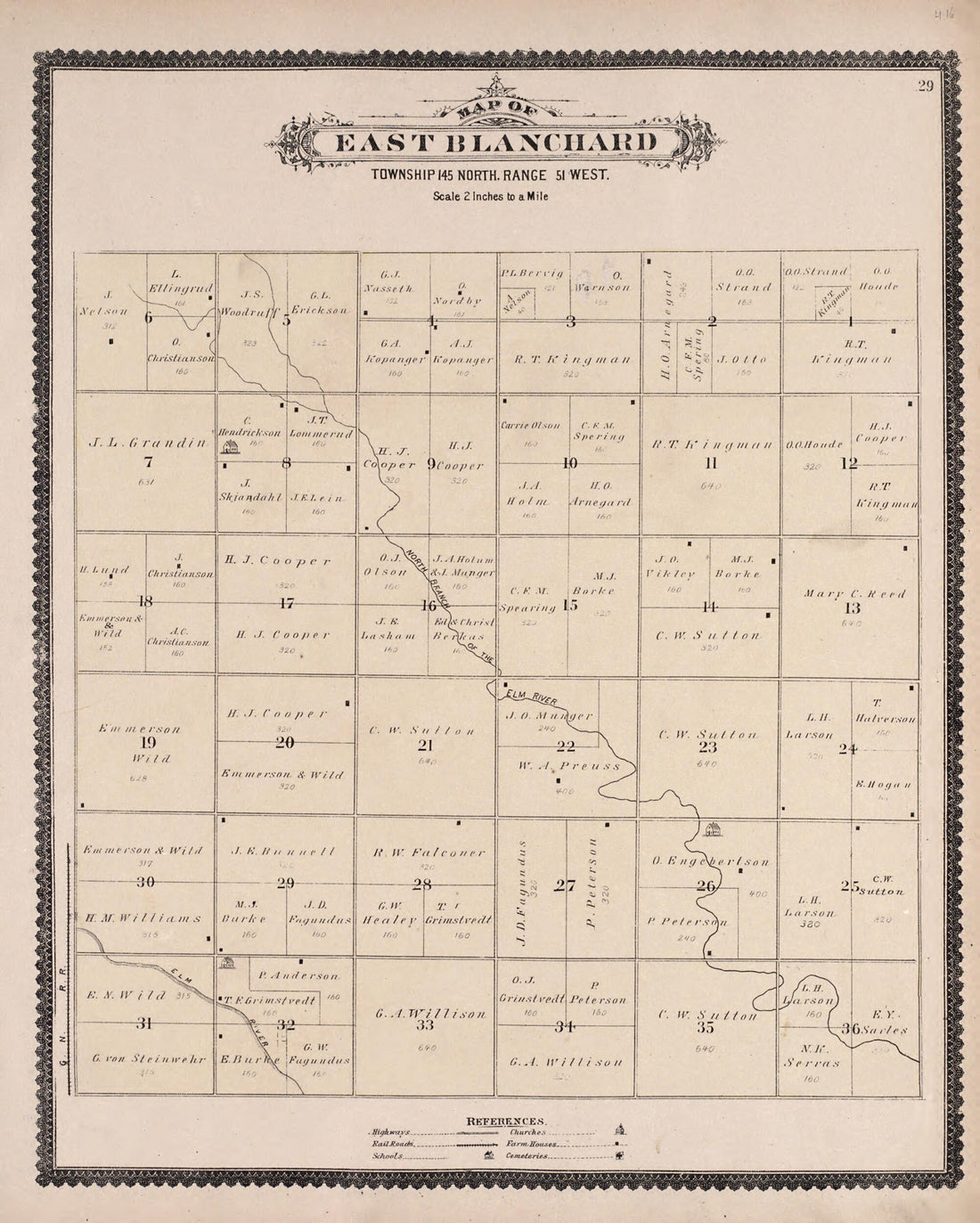 This old map of East Blanchard from Illustrated Historical Atlas of Traill and Steele Counties, North Dakota from 1892 was created by  Wm. Wangersheim &amp; Co in 1892