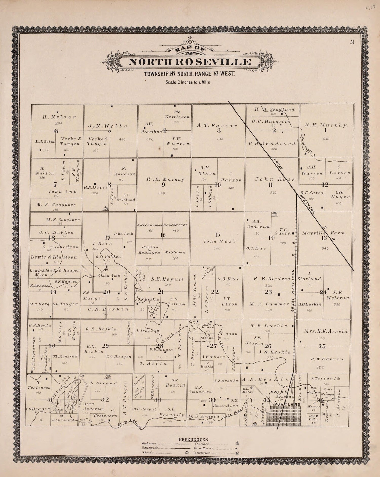 This old map of North Roseville from Illustrated Historical Atlas of Traill and Steele Counties, North Dakota from 1892 was created by  Wm. Wangersheim &amp; Co in 1892