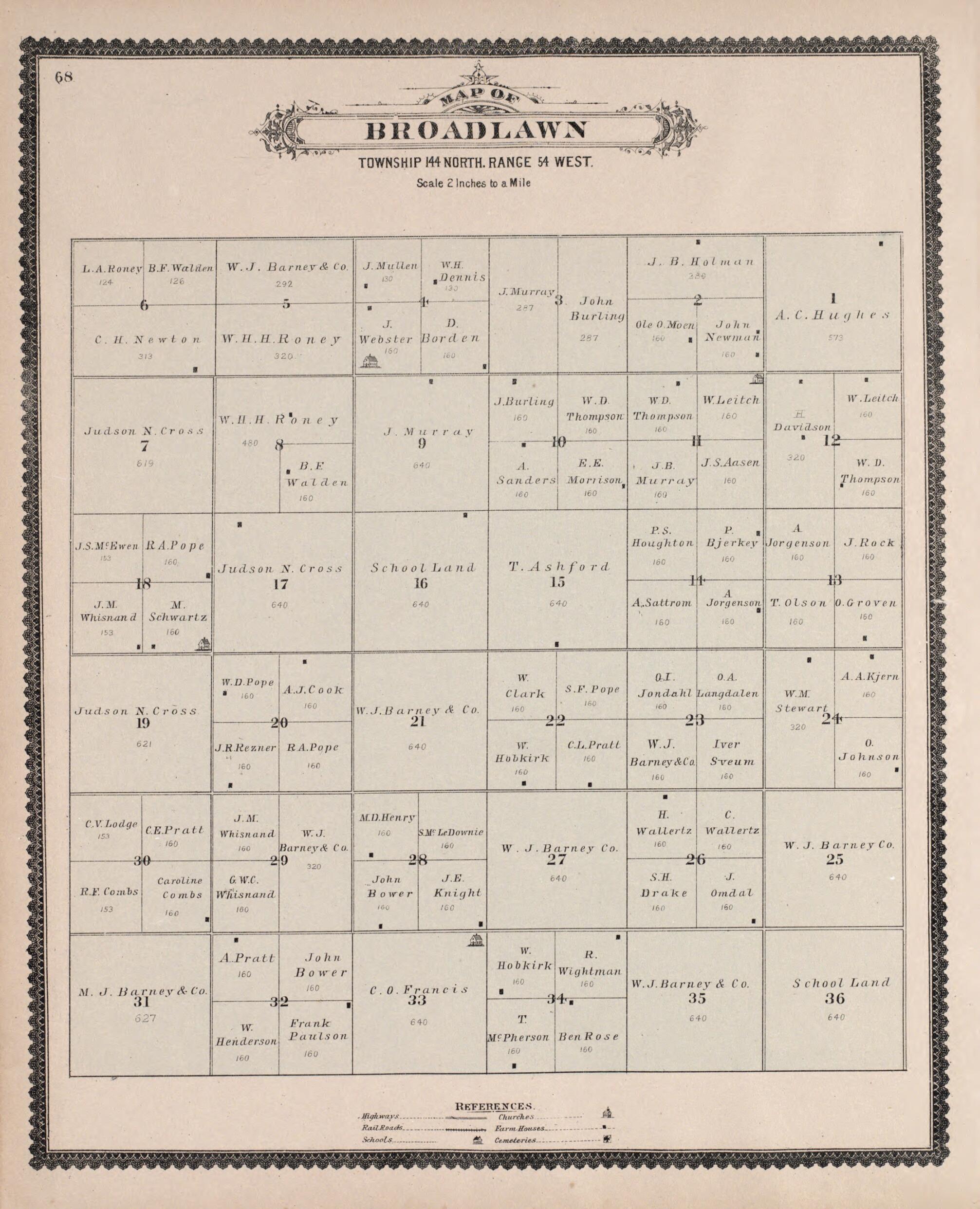 This old map of Broadlawn from Illustrated Historical Atlas of Traill and Steele Counties, North Dakota from 1892 was created by  Wm. Wangersheim &amp; Co in 1892