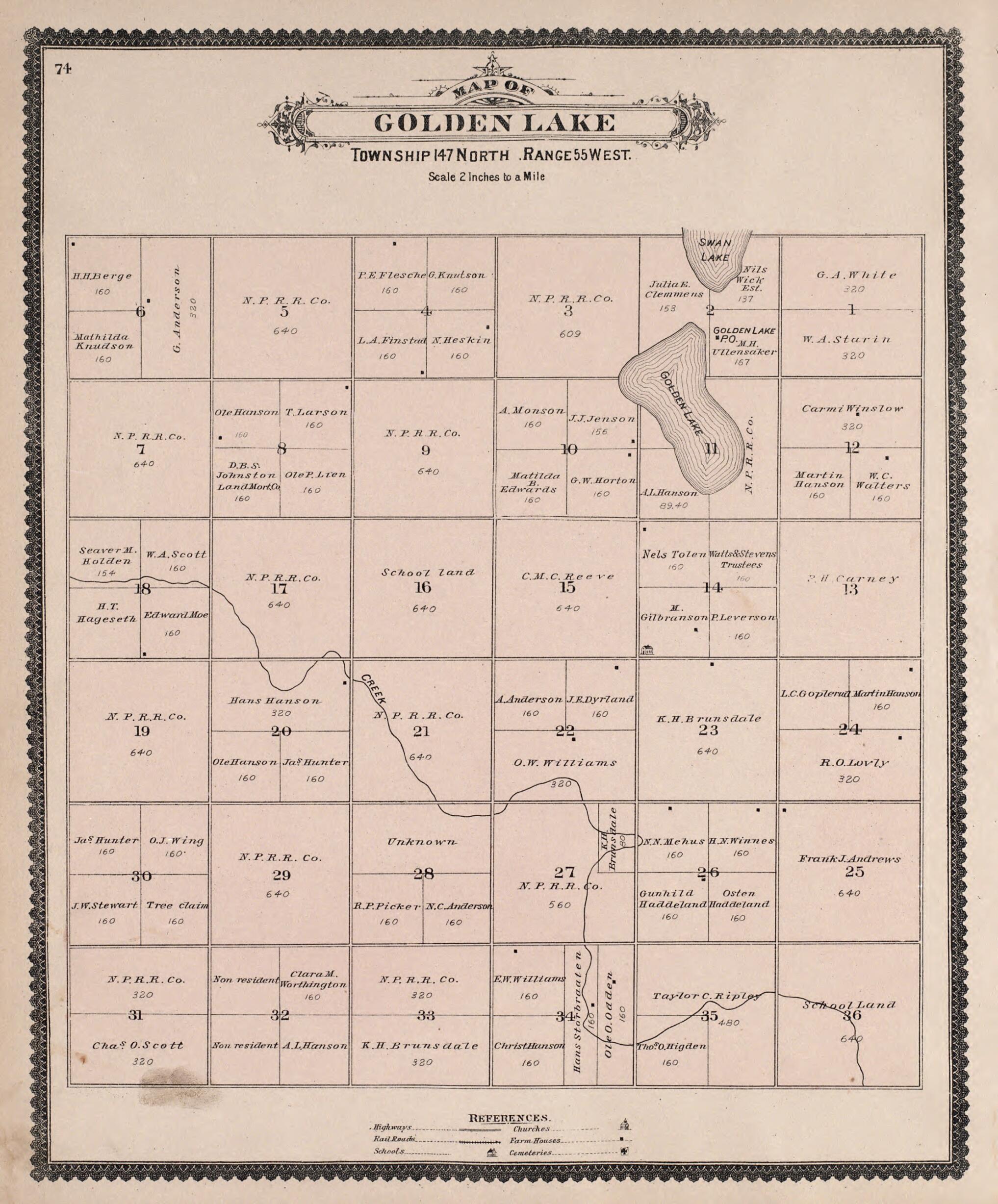 This old map of Golden Lake from Illustrated Historical Atlas of Traill and Steele Counties, North Dakota from 1892 was created by  Wm. Wangersheim &amp; Co in 1892