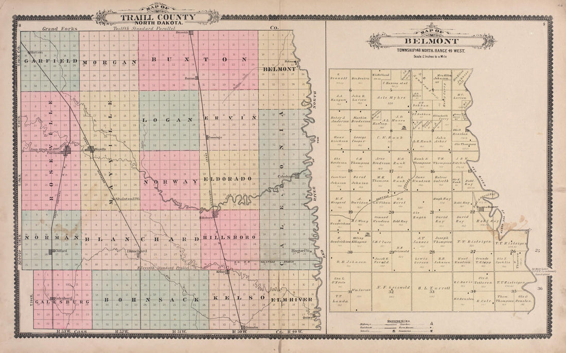 This old map of Traill County, North Dakota and Belmont from Illustrated Historical Atlas of Traill and Steele Counties, North Dakota from 1892 was created by  Wm. Wangersheim &amp; Co in 1892