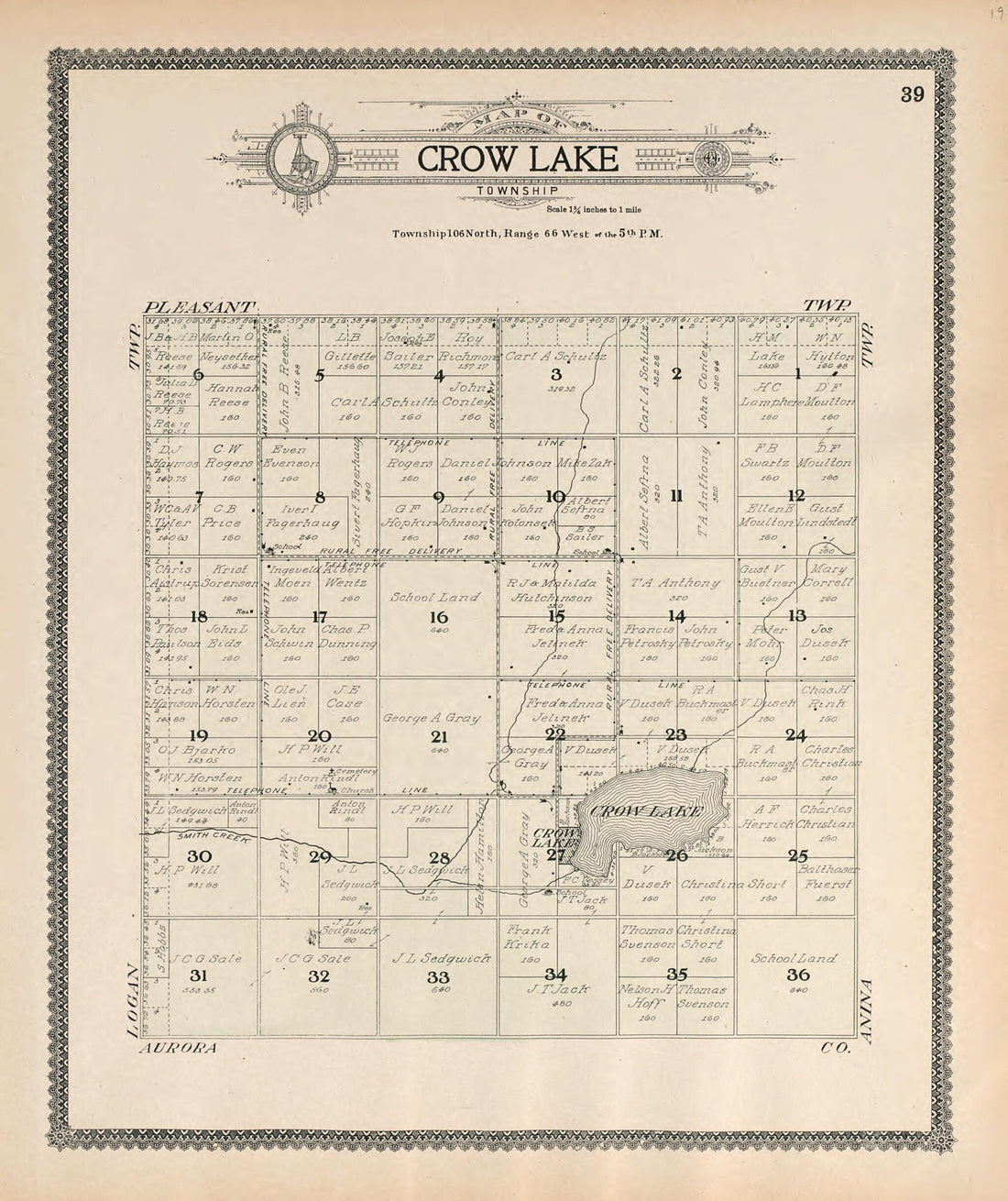 This old map of Map of Crow Lake Township from Standard Atlas of Jerauld County, South Dakota from 1909 was created by  Geo. A. Ogle &amp; Co in 1909