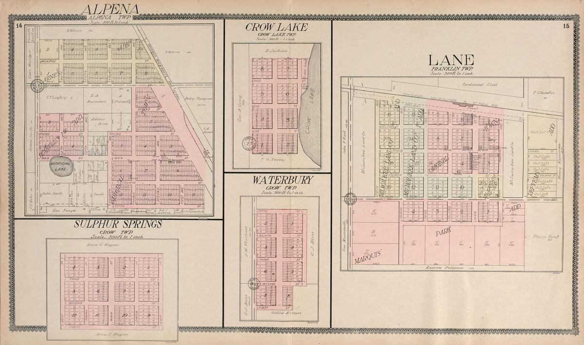Alpena; Crow Lake; Lane; Sulphur Springs; Waterbury from Standard Atlas of Jerauld County, South Dakota 1909 by Relic Map Company