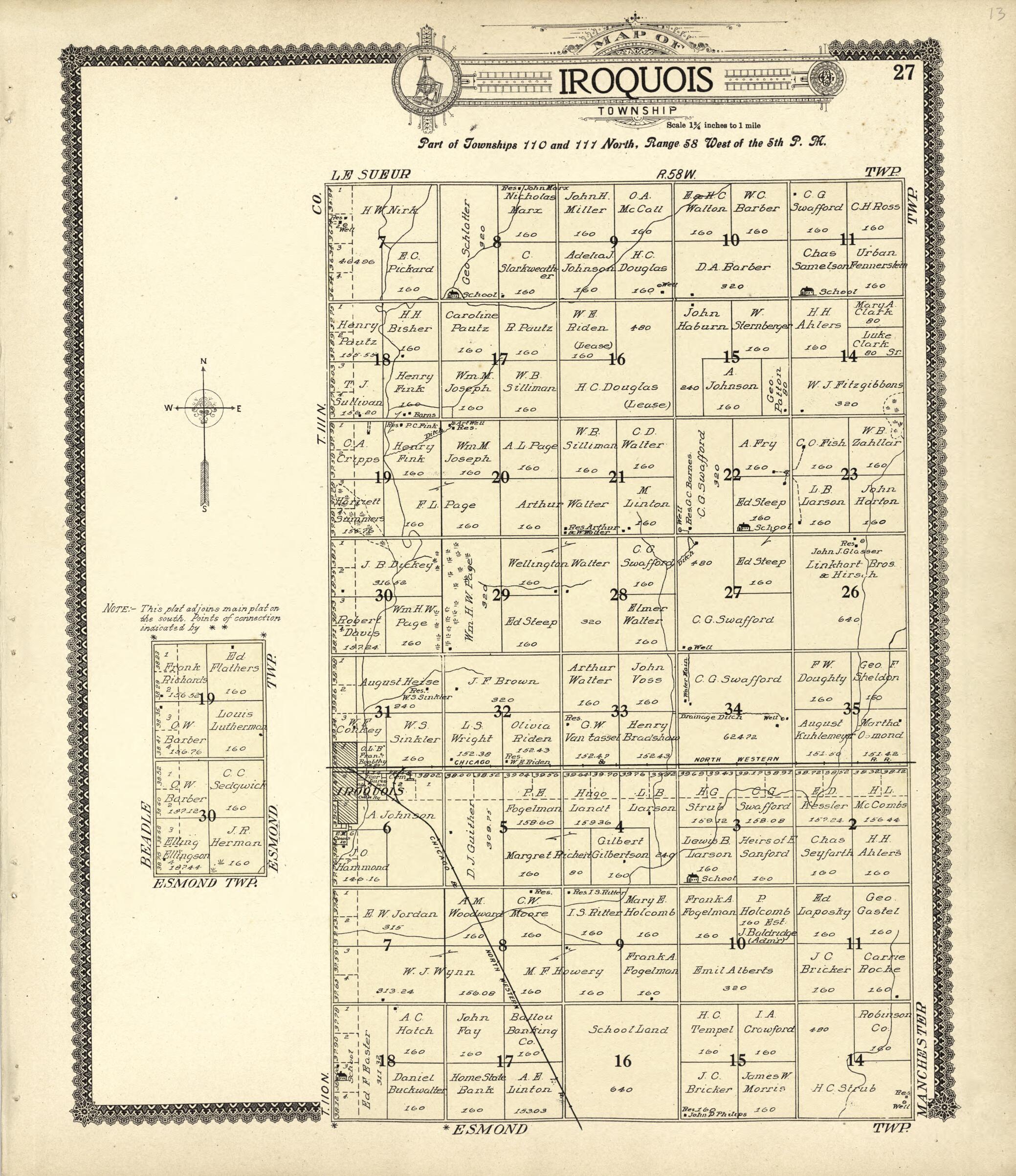 This old map of Map of Iroquois from Standard Atlas of Kingsbury County, South Dakota from 1909 was created by  Geo. A. Ogle &amp; Co in 1909