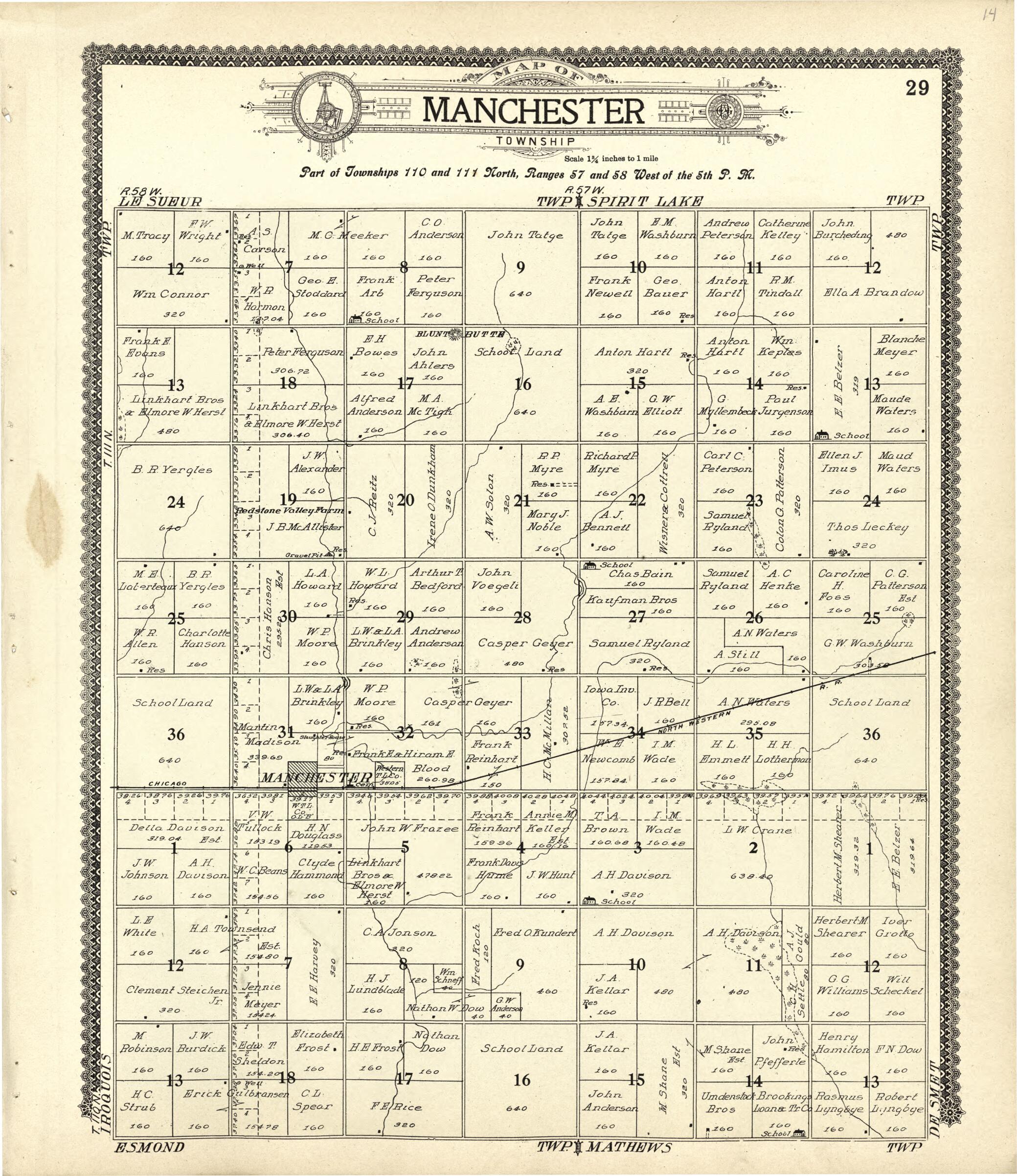 This old map of Map of Manchester from Standard Atlas of Kingsbury County, South Dakota from 1909 was created by  Geo. A. Ogle &amp; Co in 1909