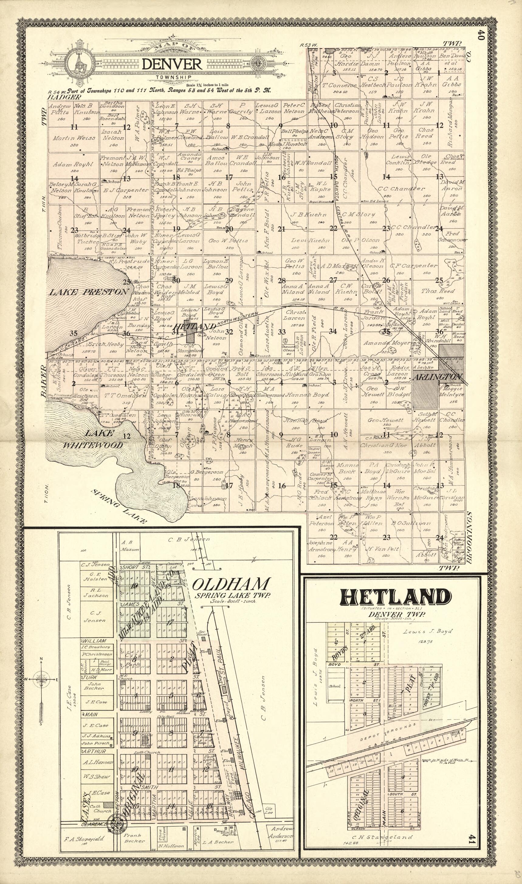 This old map of Map of Denver; Oldham; Hetland from Standard Atlas of Kingsbury County, South Dakota from 1909 was created by  Geo. A. Ogle &amp; Co in 1909