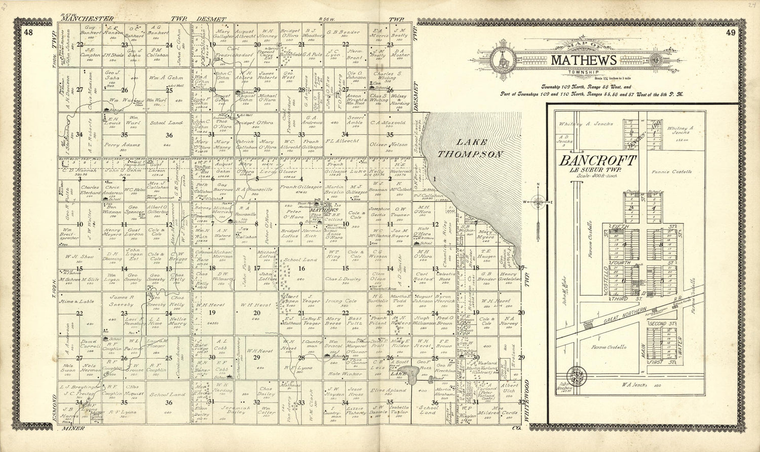 This old map of Map of Mathews; Bancroft from Standard Atlas of Kingsbury County, South Dakota from 1909 was created by  Geo. A. Ogle &amp; Co in 1909