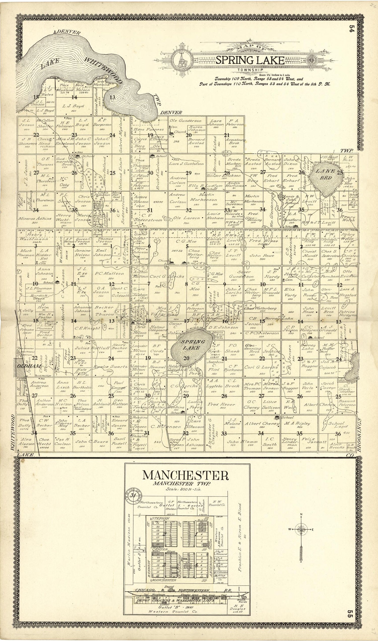 This old map of Map of Spring Lake; Manchester from Standard Atlas of Kingsbury County, South Dakota from 1909 was created by  Geo. A. Ogle &amp; Co in 1909