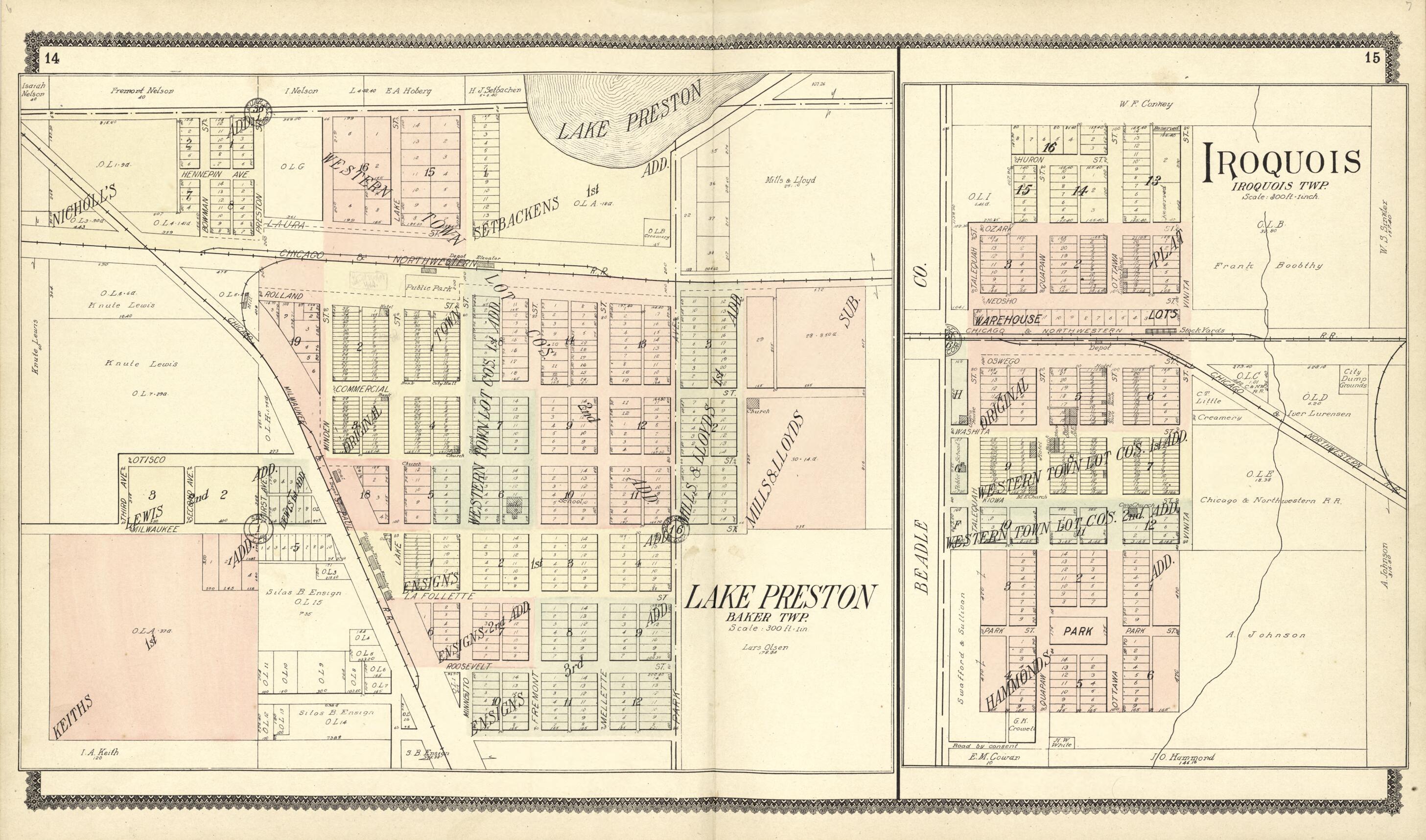 This old map of Lake Preston; Iroquois from Standard Atlas of Kingsbury County, South Dakota from 1909 was created by  Geo. A. Ogle &amp; Co in 1909