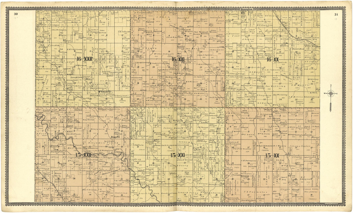 This old map of 16 XXII; 16 XXI; 16 XX; 15 XXII; 15 XXI; 15 XX from Standard Atlas of Custer County, Nebraska from 1904 was created by  Geo. A. Ogle &amp; Co in 1904