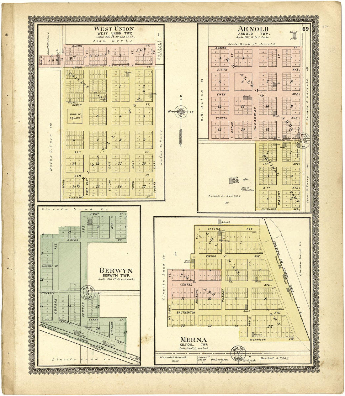 This old map of West Union; Arnold; Berwyn; Merna from Standard Atlas of Custer County, Nebraska from 1904 was created by  Geo. A. Ogle &amp; Co in 1904