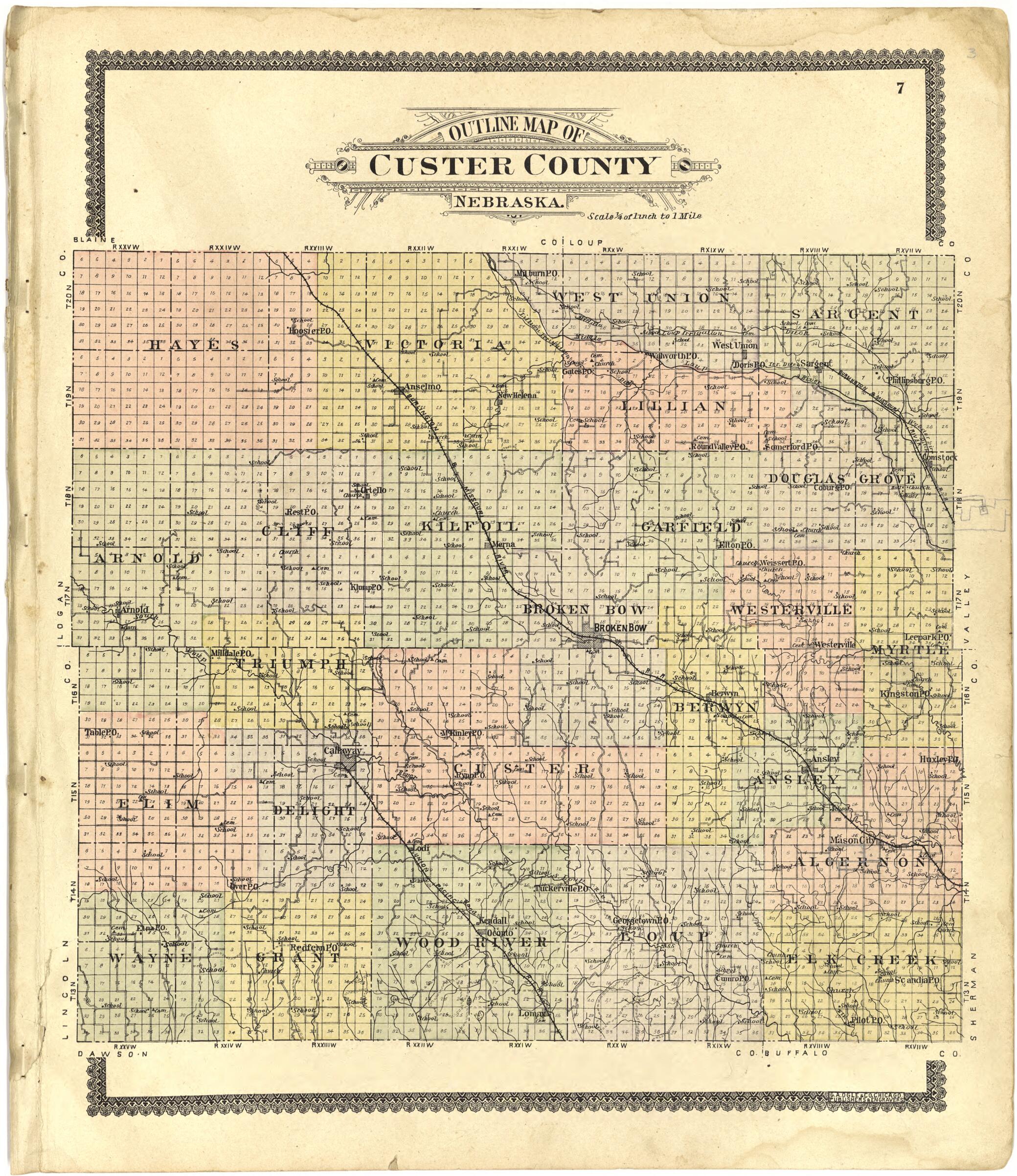 This old map of Outline Map of Custer County, Nebraska from Standard Atlas of Custer County, Nebraska from 1904 was created by  Geo. A. Ogle &amp; Co in 1904