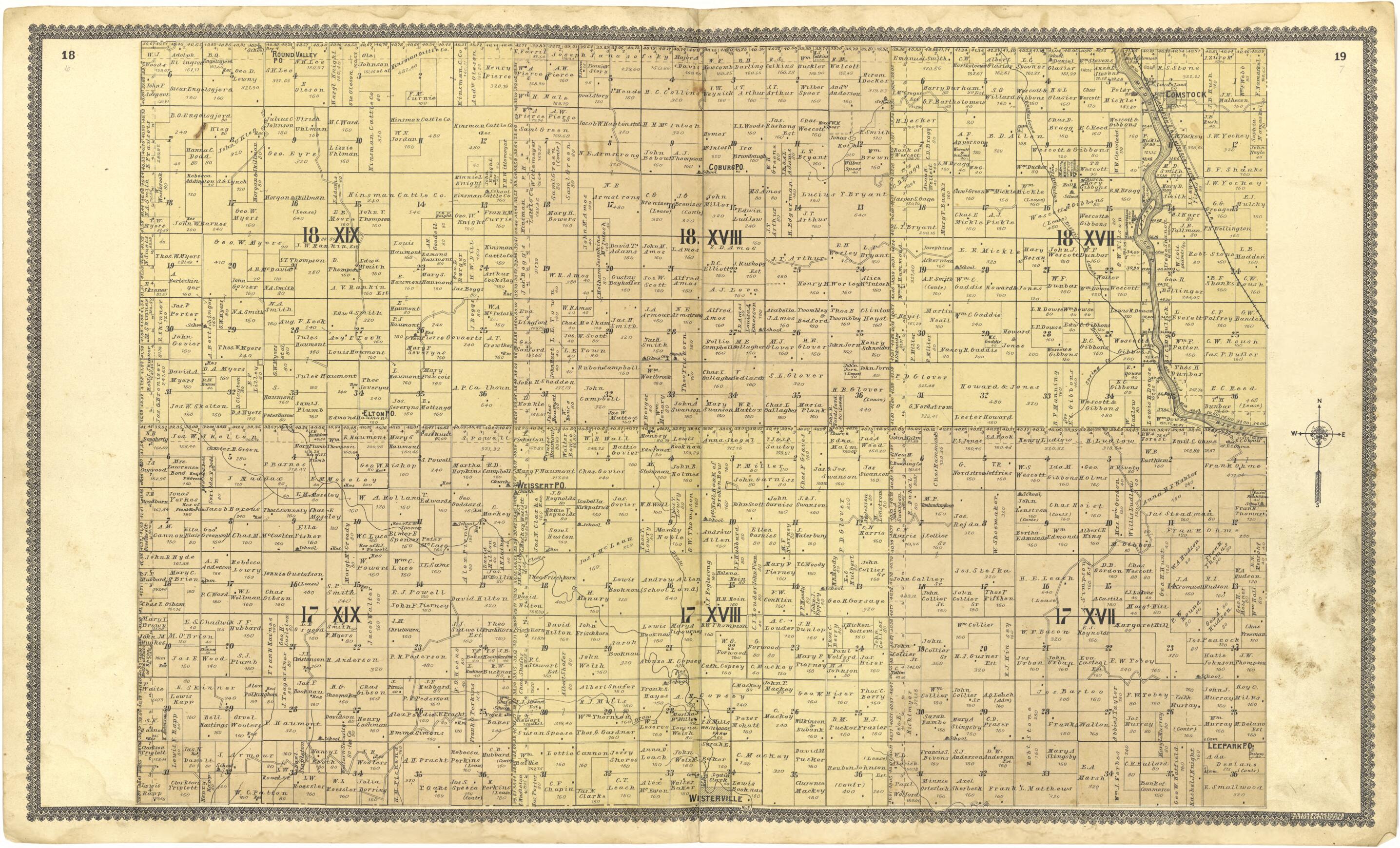 This old map of 18 XIX; 18 XVIII; 18 XVII; 17 XIX; 17 XVIII; 17 XVII from Standard Atlas of Custer County, Nebraska from 1904 was created by  Geo. A. Ogle &amp; Co in 1904