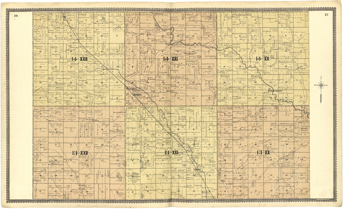 This old map of 14 XXII; 14 XXI; 14 XX; 13 XXII; 13 XXI; 13 XX from Standard Atlas of Custer County, Nebraska from 1904 was created by  Geo. A. Ogle &amp; Co in 1904