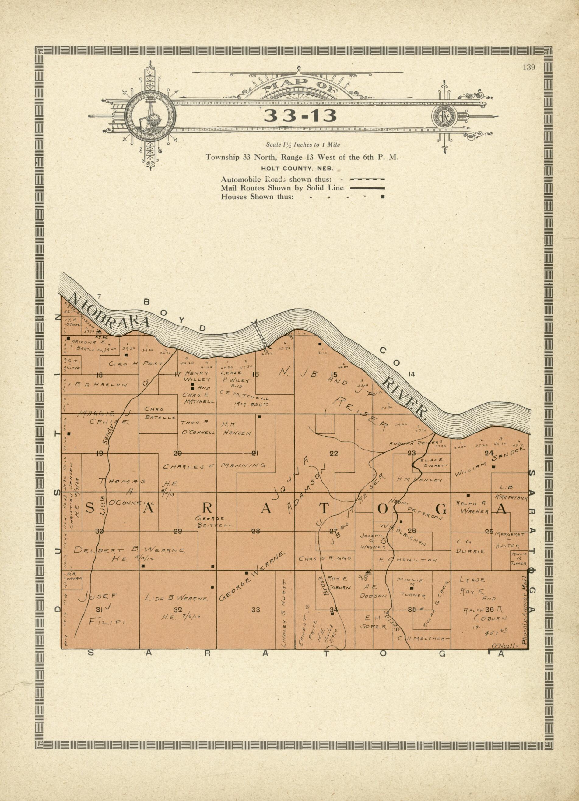 This old map of Map of 33-13 from Standard Atlas and Directory of Holt County, Nebraska from 1915 was created by Iowa) Kenyon Company (Des Moines in 1915