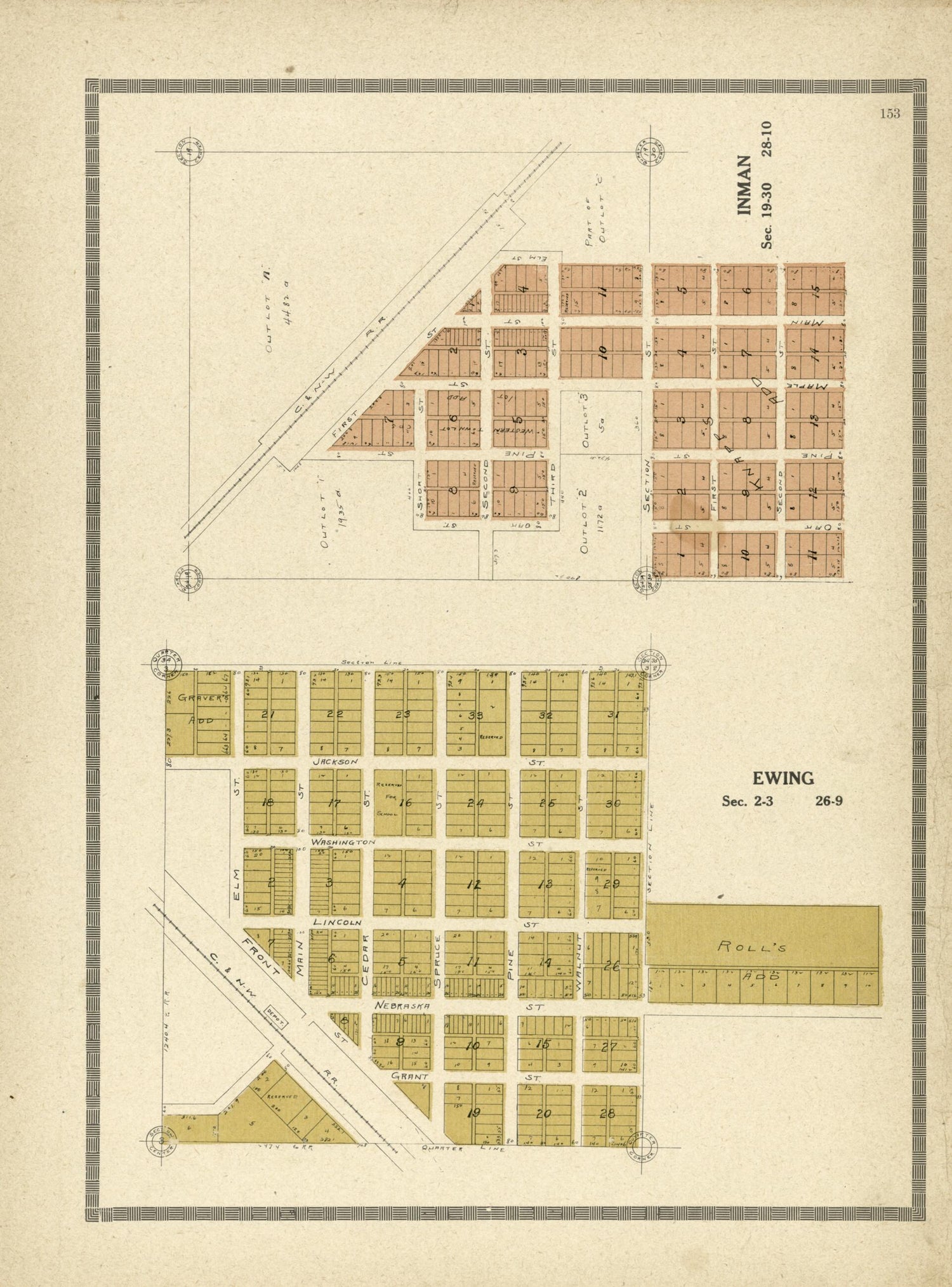 This old map of 153: Inman; Ewing from Standard Atlas and Directory of Holt County, Nebraska from 1915 was created by Iowa) Kenyon Company (Des Moines in 1915