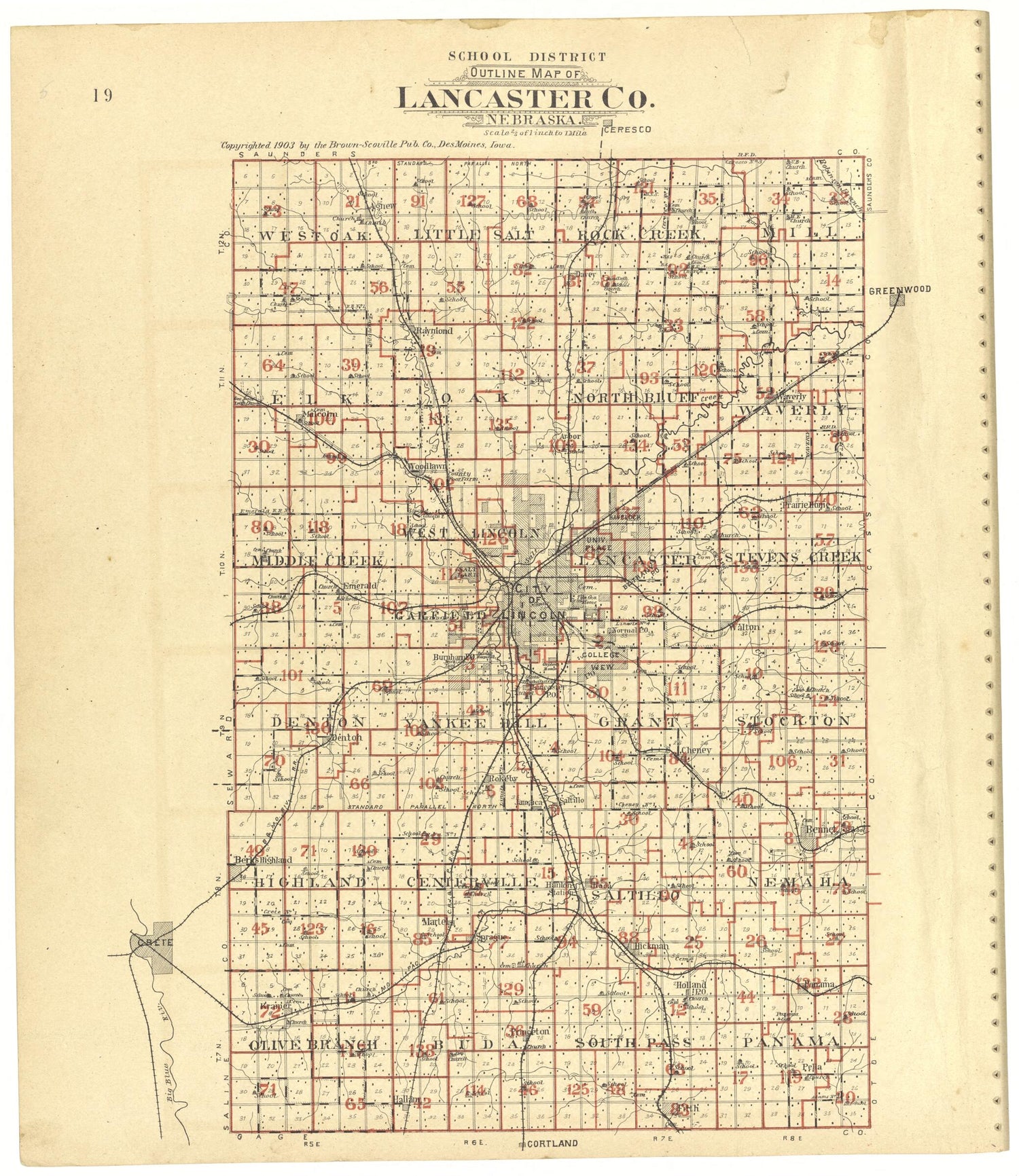 This old map of School District Outline Map of Lancaster County, Nebraska from Plat Book of Lancaster County, Nebraska from 1903 was created by  Brown-Scoville Publishing Company in 1903