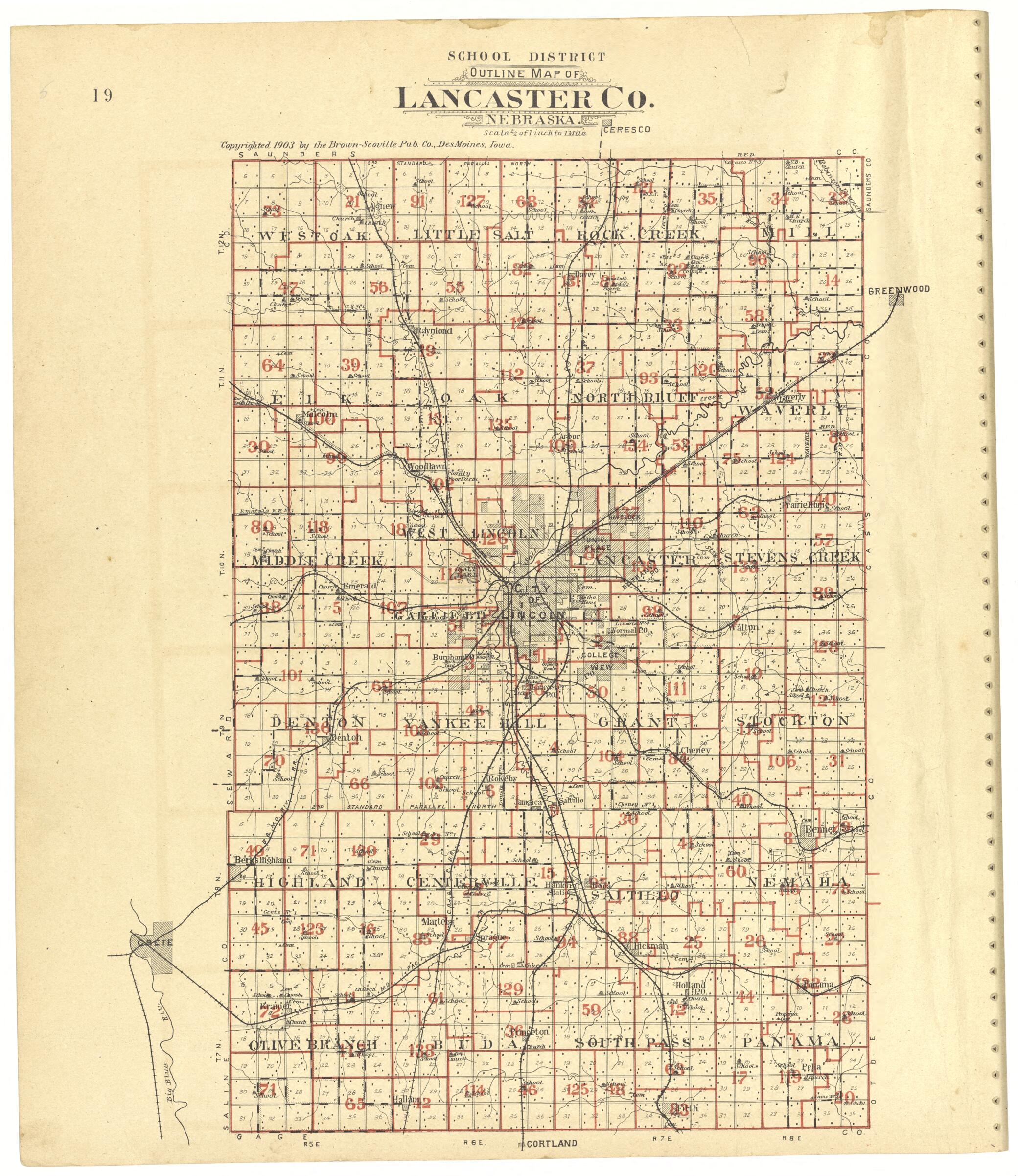 This old map of School District Outline Map of Lancaster County, Nebraska from Plat Book of Lancaster County, Nebraska from 1903 was created by  Brown-Scoville Publishing Company in 1903